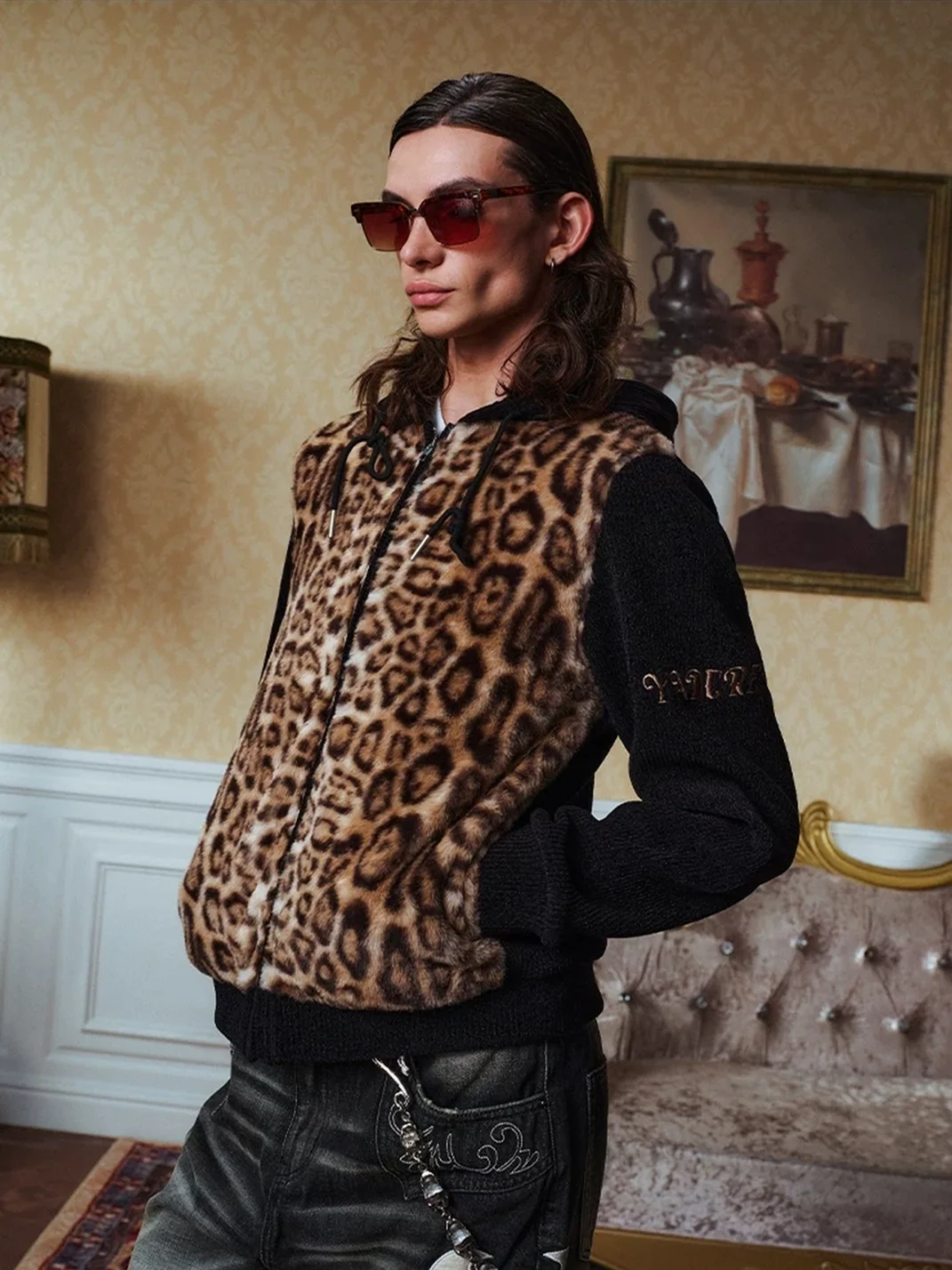 YADcrew | Slim Fit Leopard Faux Fur Hooded Jacket