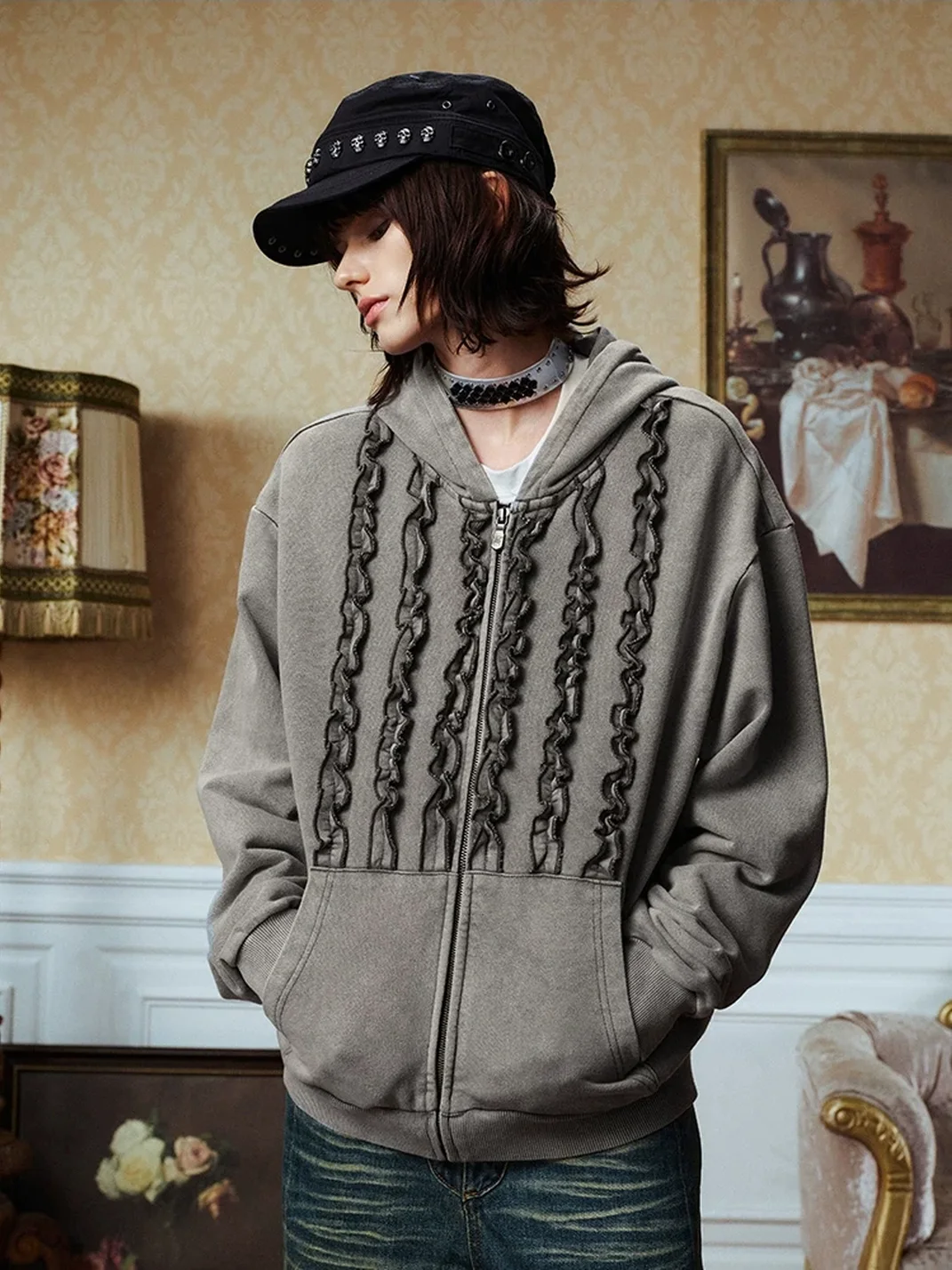 YADcrew | Washed Distressed Ruffle Zip-Up Hoodie