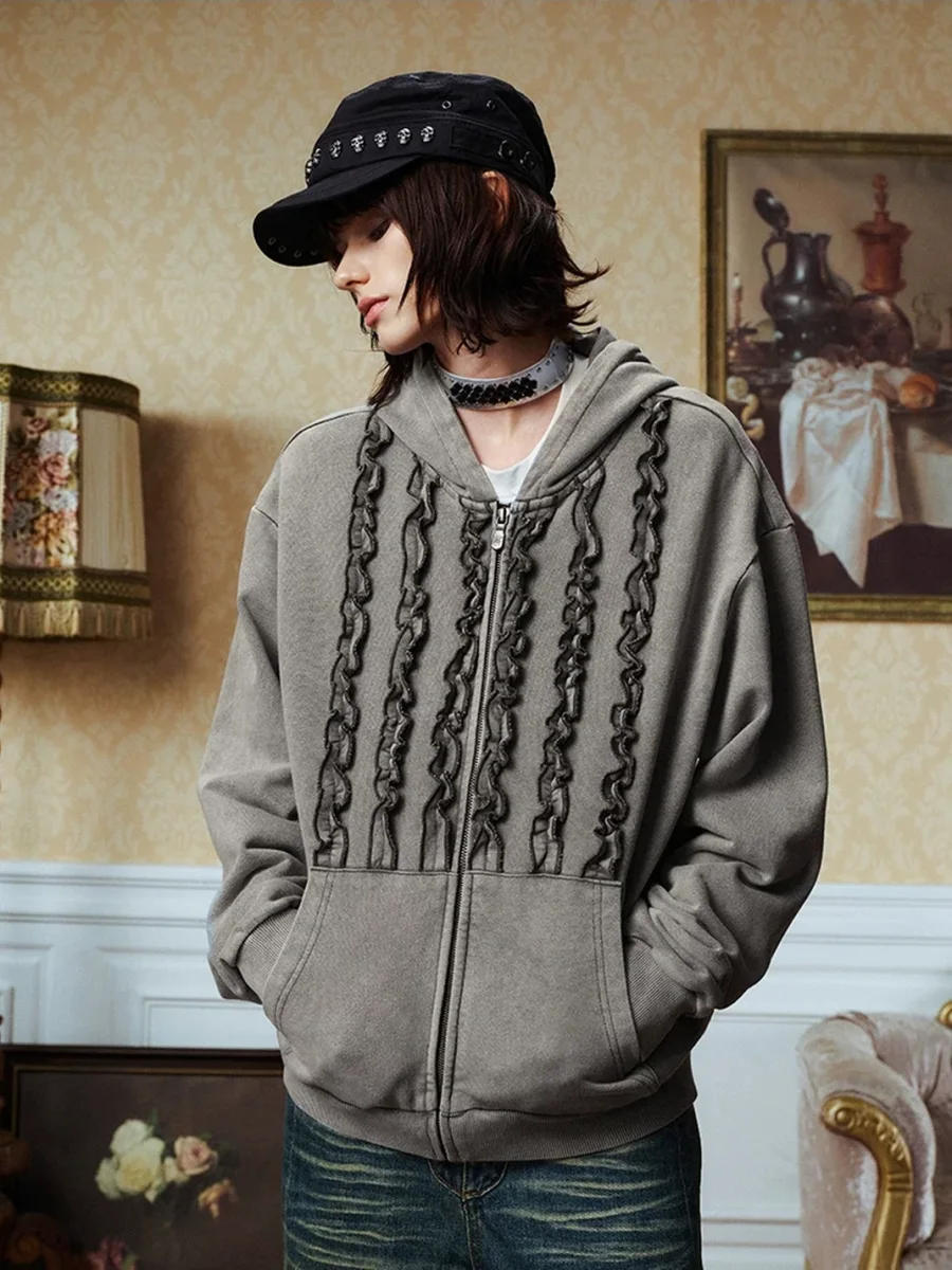 YADcrew | Washed Distressed Ruffle Zip-Up Hoodie - 4