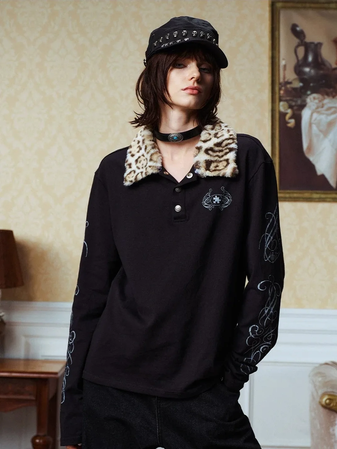 YADcrew | Detachable Leopard Collar Long Sleeve Polo Shirt
