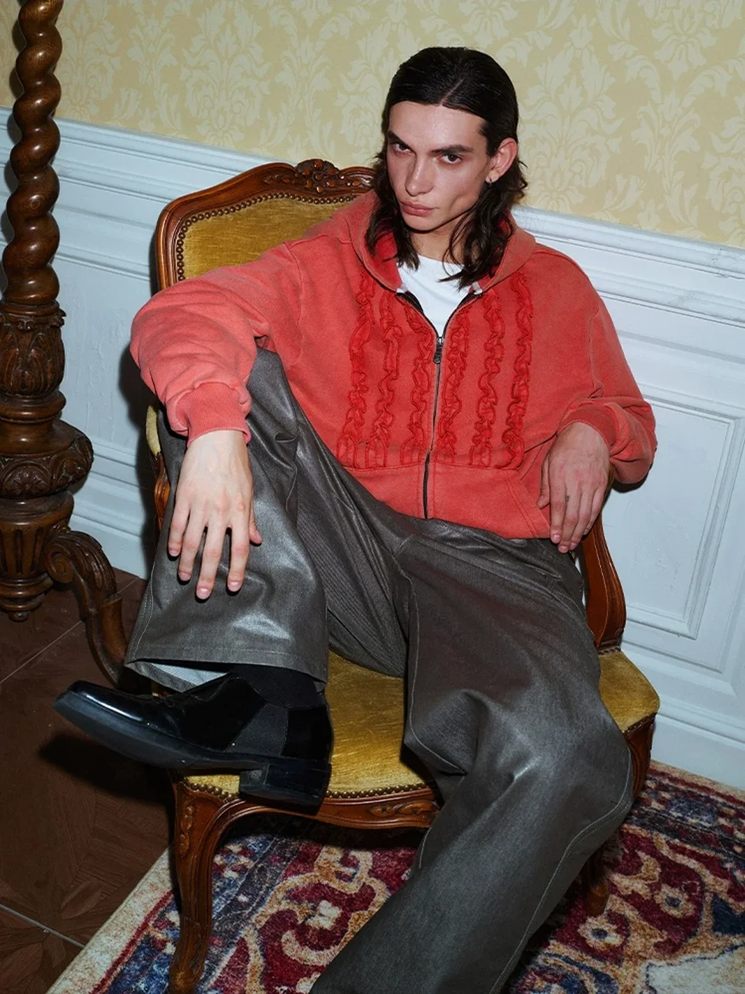 YADcrew | Washed Distressed Ruffle Zip-Up Hoodie