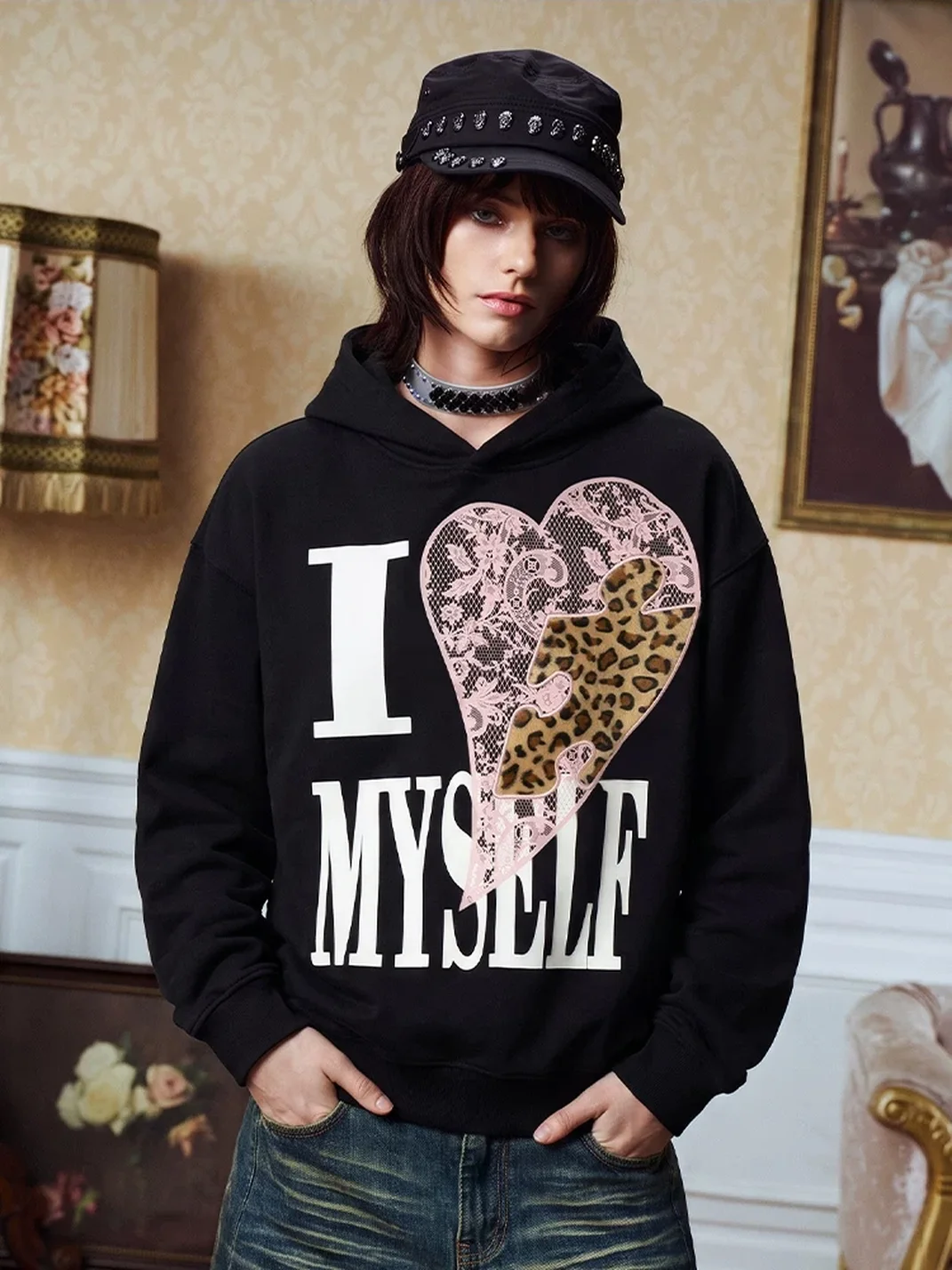 YADcrew | Relaxed Leopard Puzzle Heart Graphic Hoodie