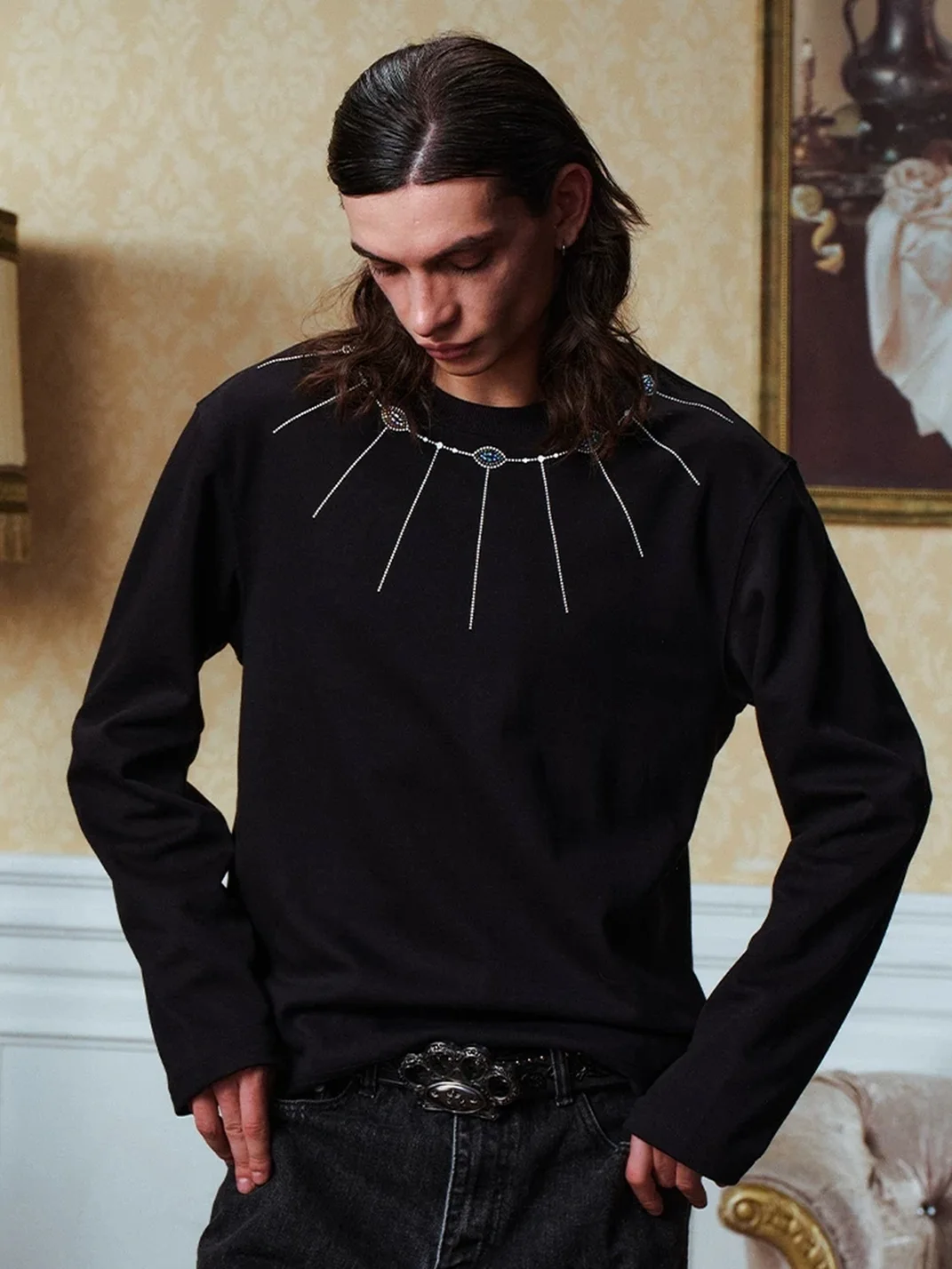 YADcrew | Rhinestone Necklace Crew Neck Long Sleeve T-Shirt