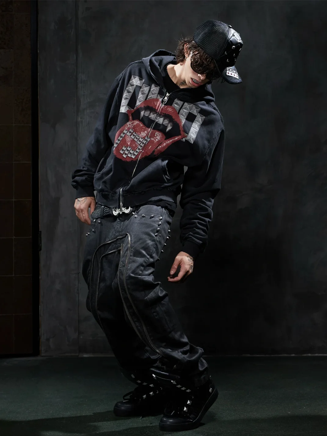 DND4DES | Oversized Studded Graphic Zip-Up Hoodie