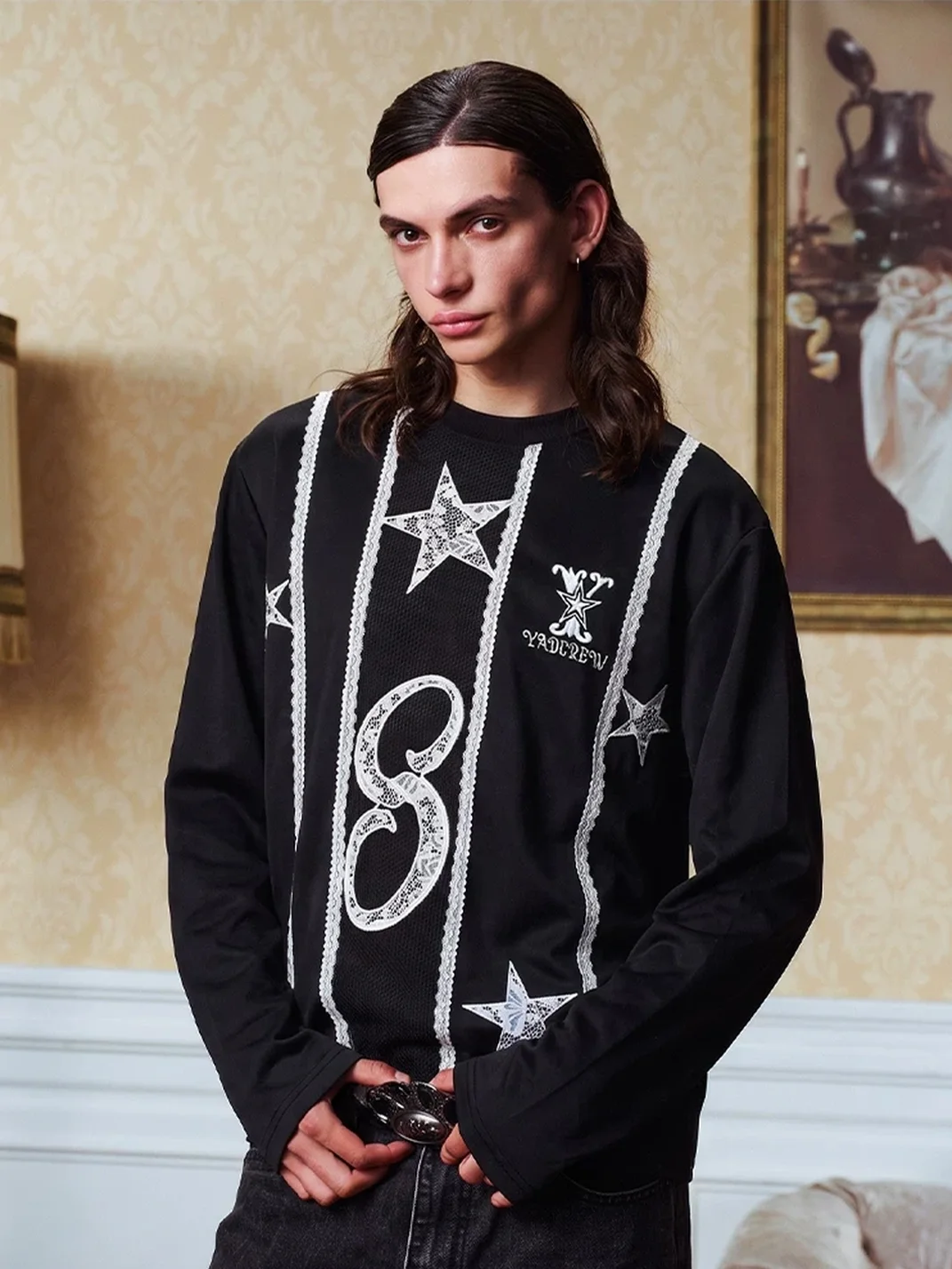 YADcrew | Unisex Lace Panel Embroidered Long Sleeve Top