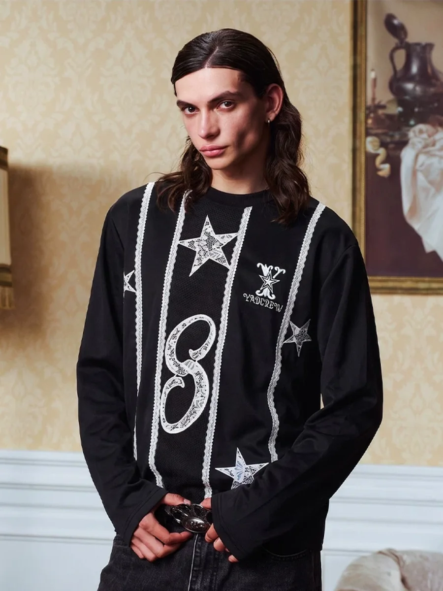 YADcrew | Unisex Lace Panel Embroidered Long Sleeve Top - 3