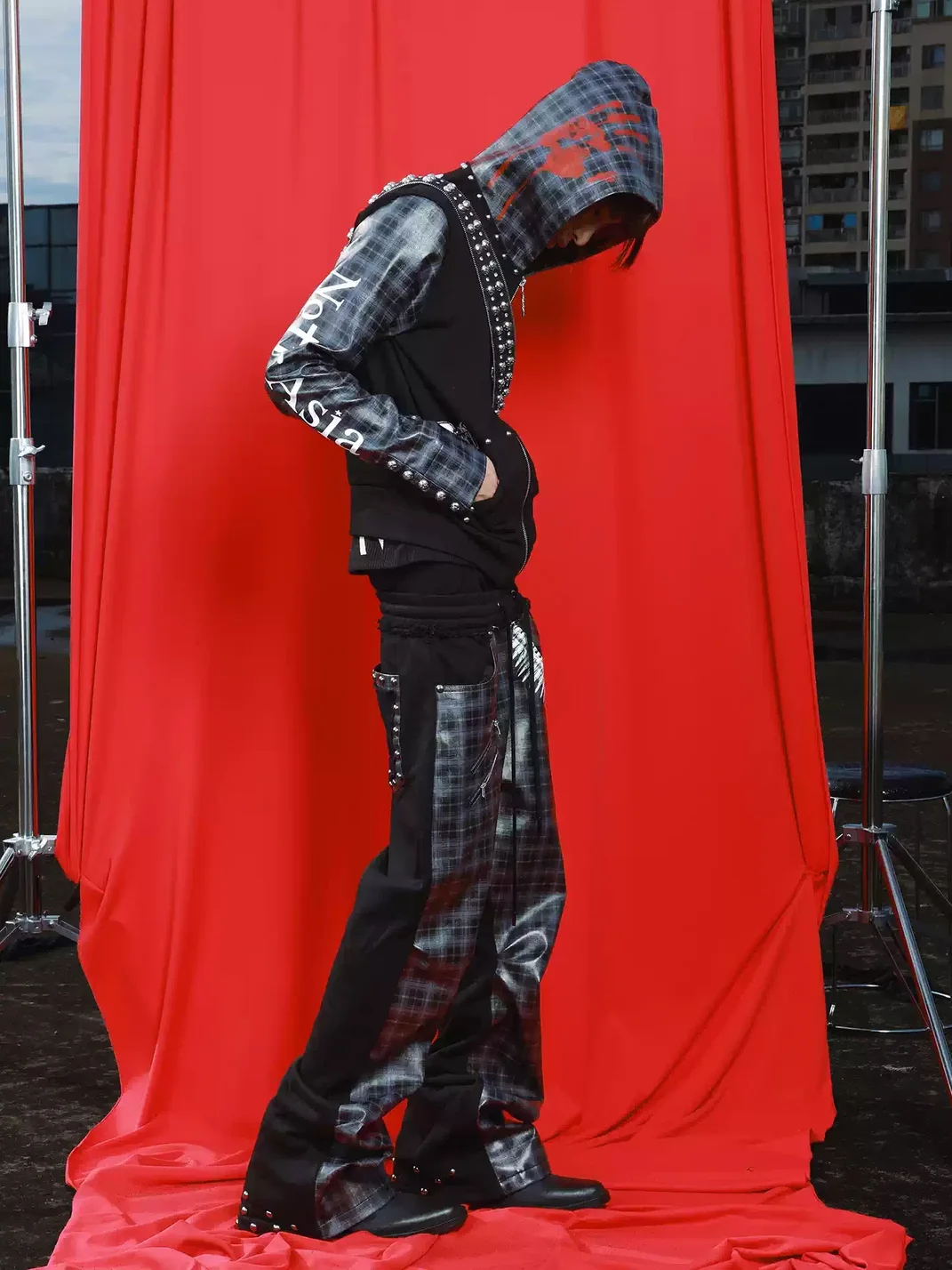 DETW | Plaid Panel Ruched Flared Casual Pants