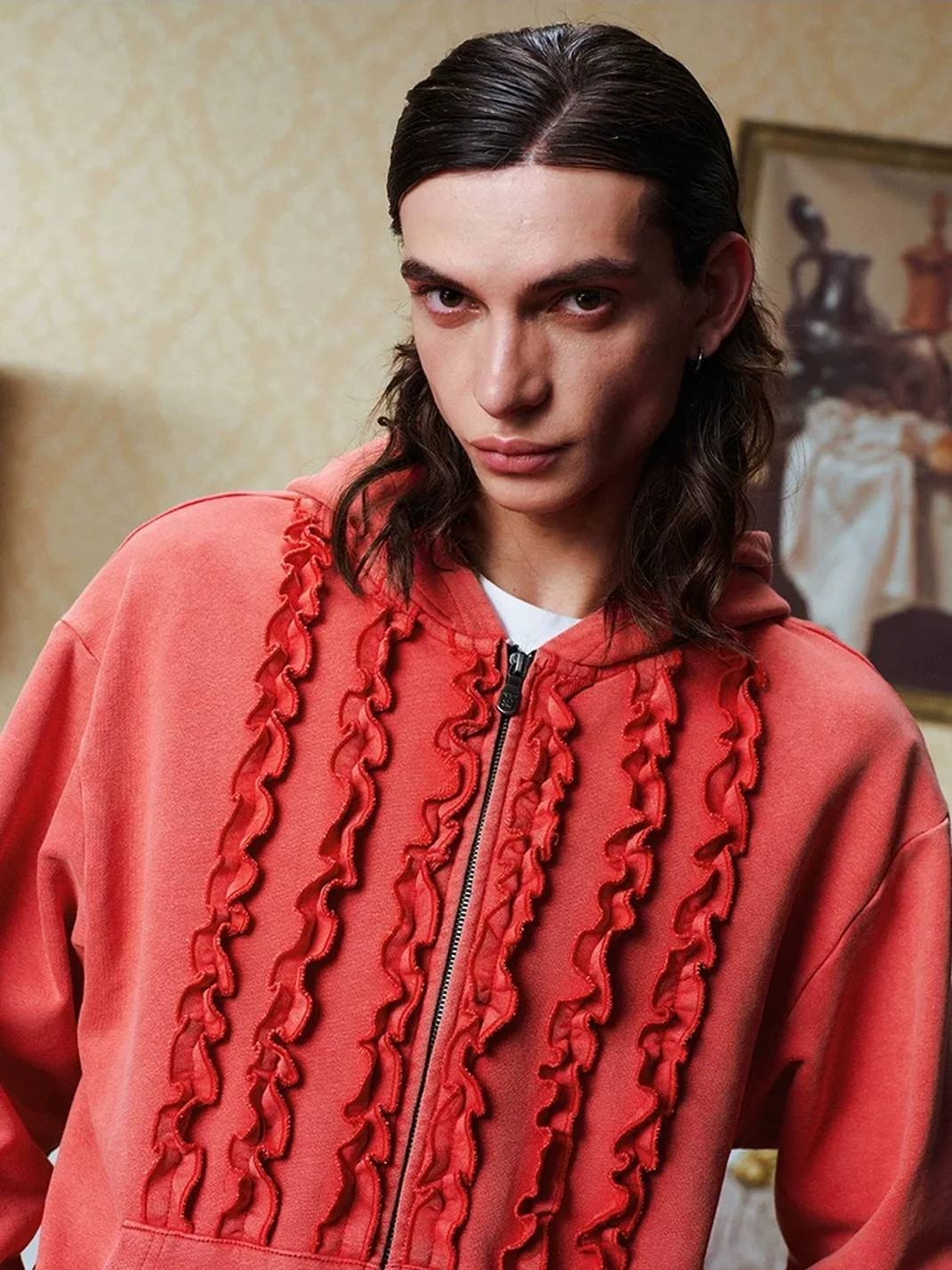 YADcrew | Washed Distressed Ruffle Zip-Up Hoodie