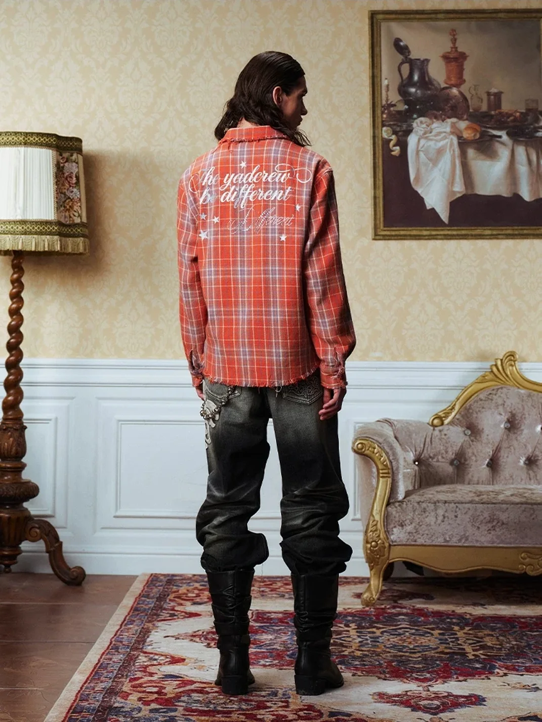 YADcrew | Distressed Fringed Rhinestone Embroidered Plaid Shirt