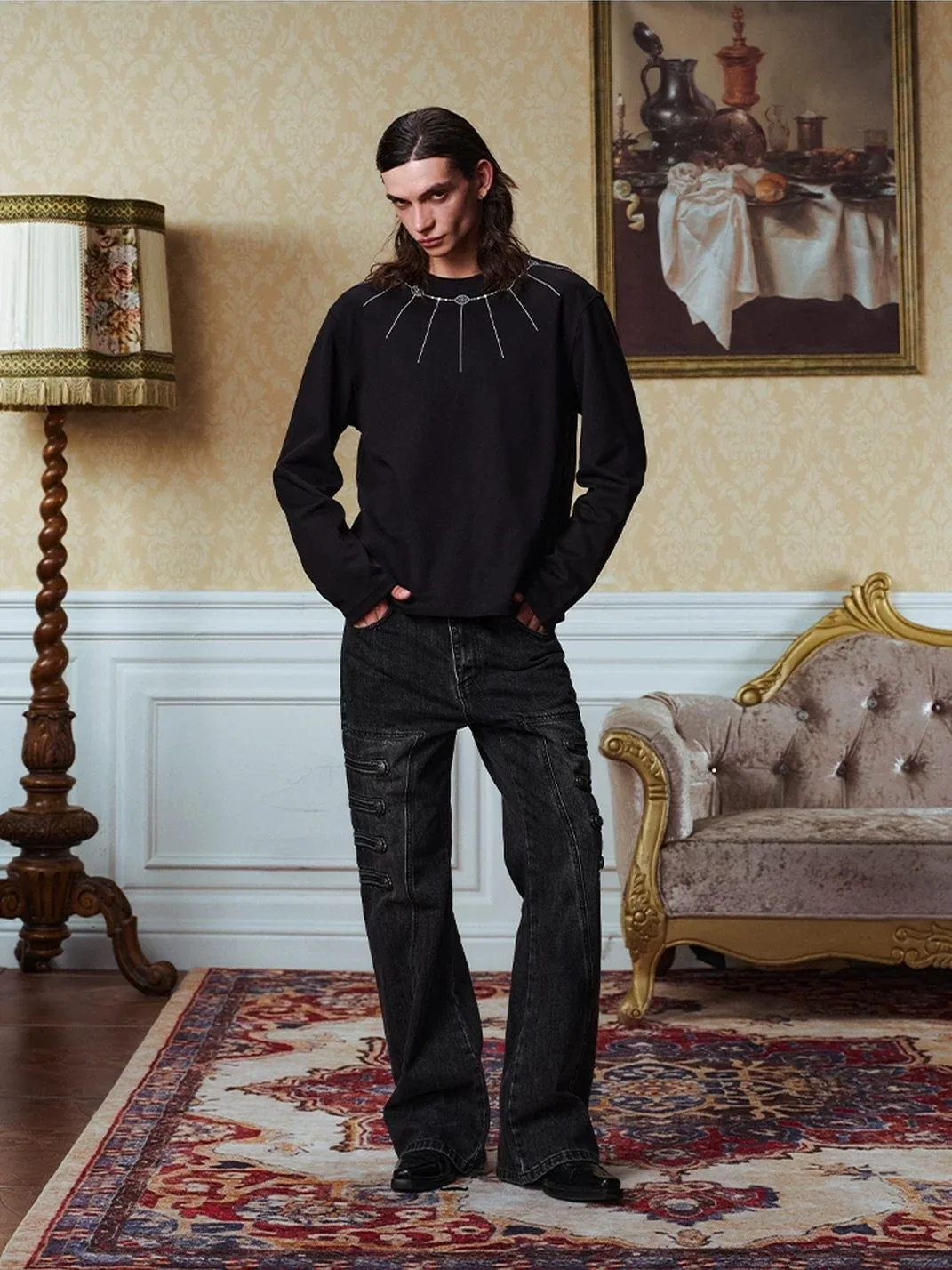 YADcrew | Rhinestone Necklace Crew Neck Long Sleeve T-Shirt