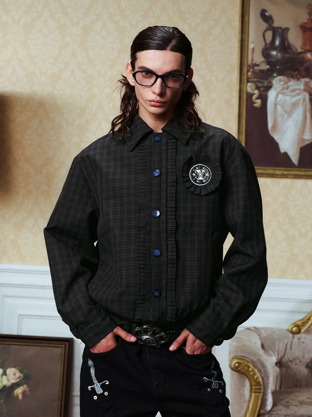 YADcrew | Retro Houndstooth Embroidered Slim Jacket