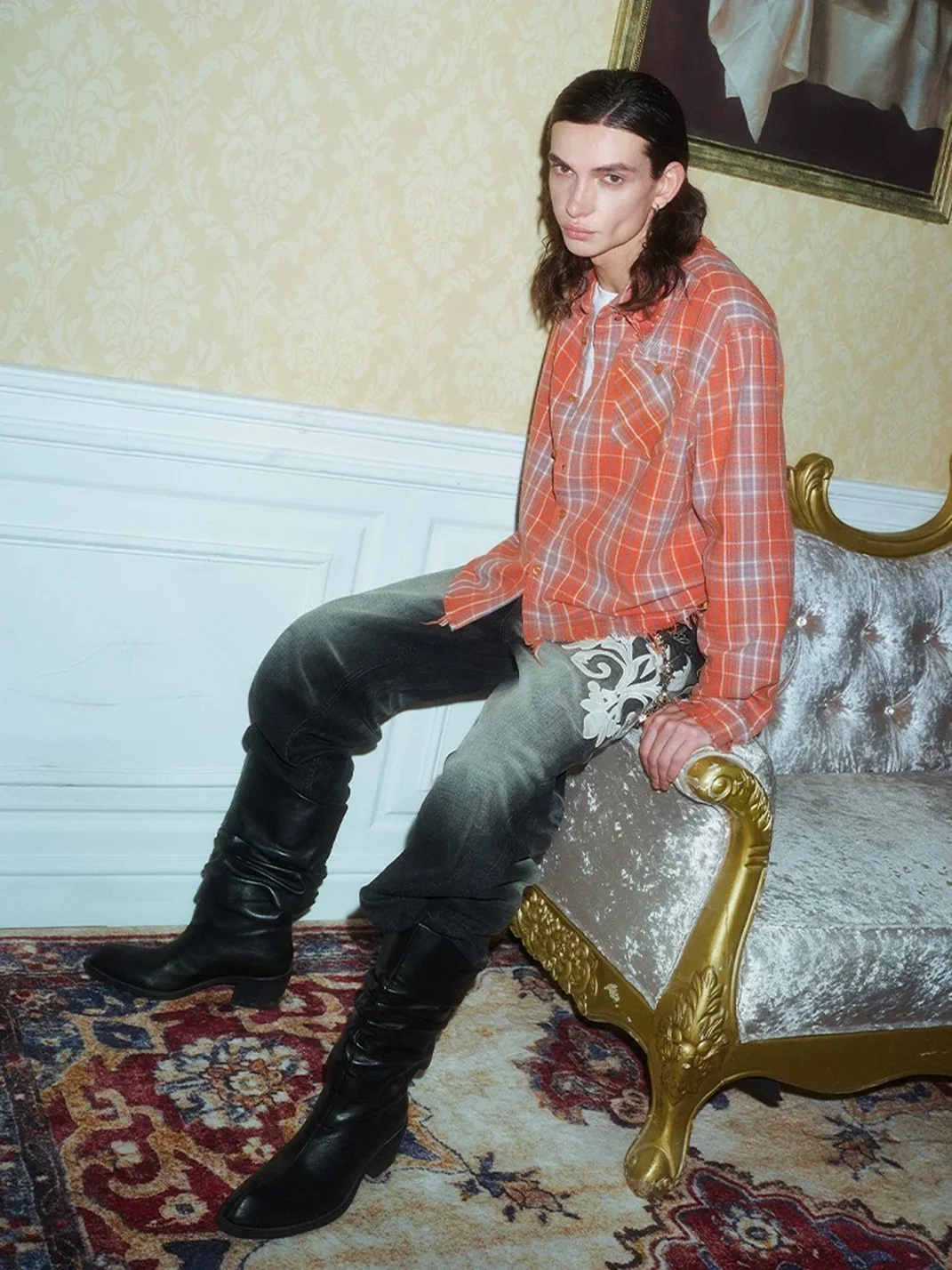 YADcrew | Distressed Fringed Rhinestone Embroidered Plaid Shirt