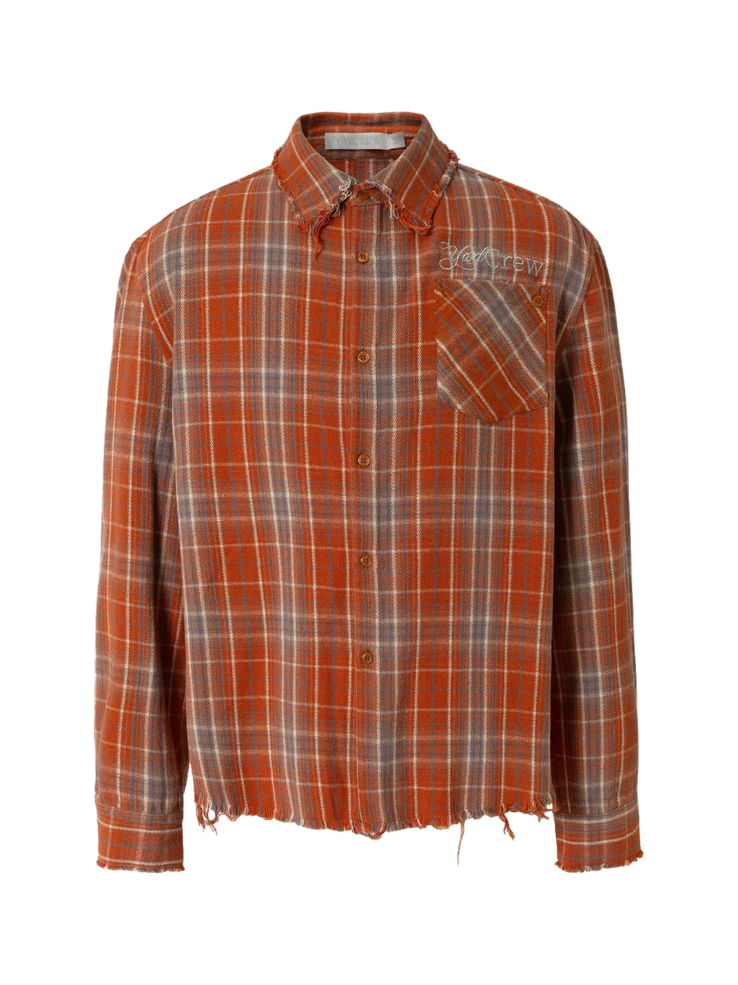 YADcrew | Distressed Fringed Rhinestone Embroidered Plaid Shirt