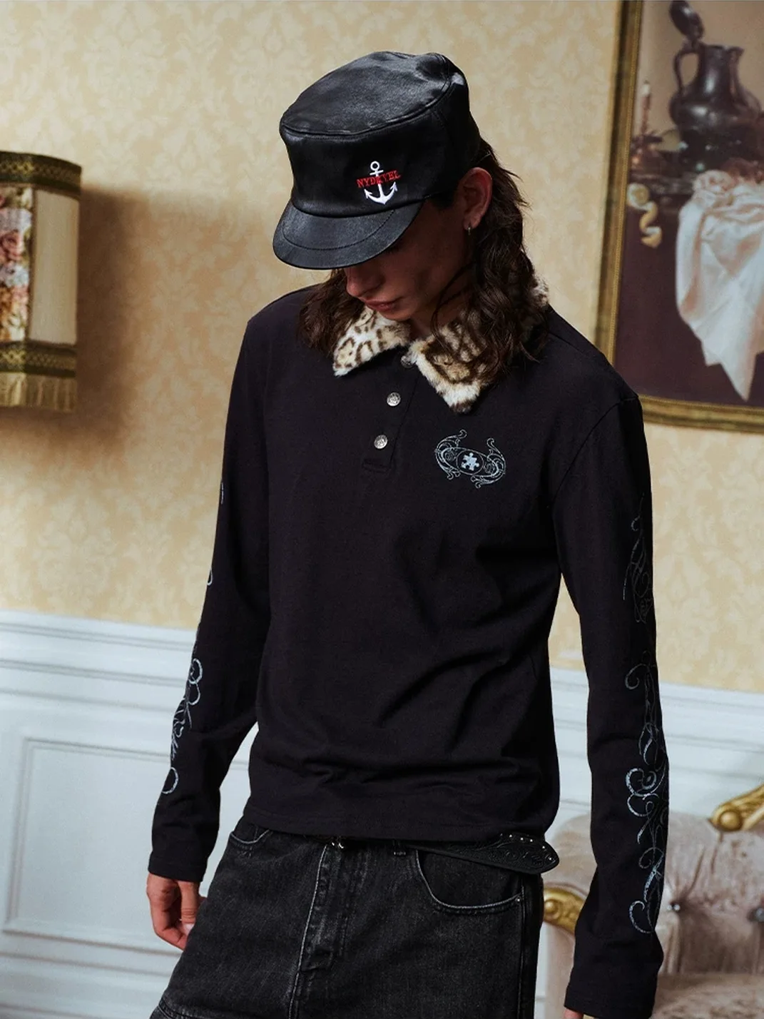 YADcrew | Detachable Leopard Collar Long Sleeve Polo Shirt