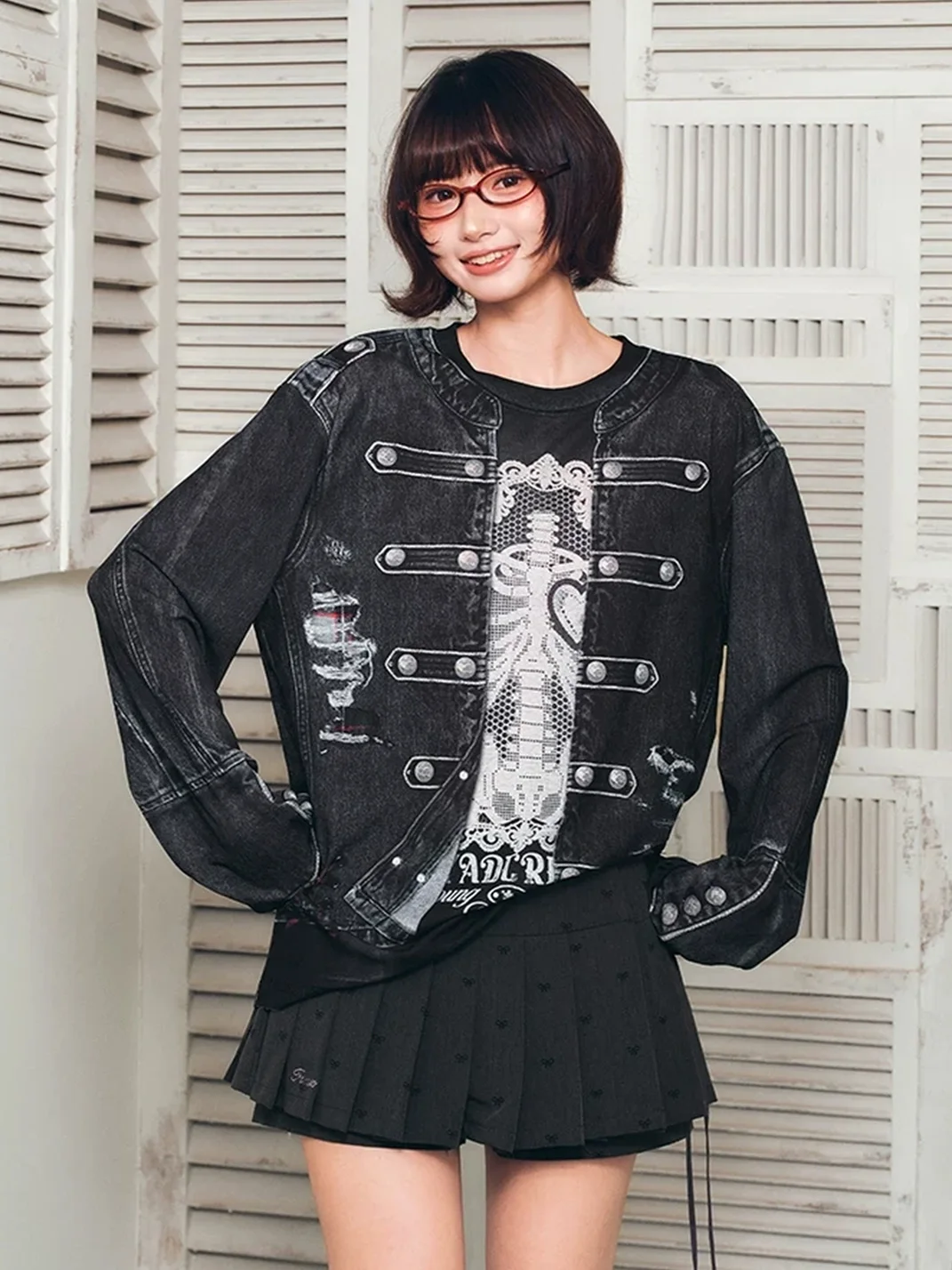 YADcrew | 3D Layered Napoleon Jacket Print Long Sleeve T-Shirt