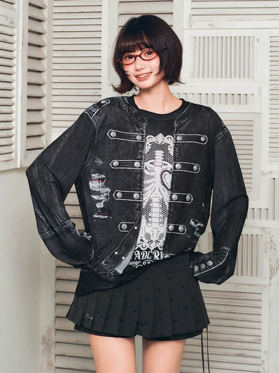 YADcrew | 3D Layered Napoleon Jacket Print Long Sleeve T-Shirt - 3