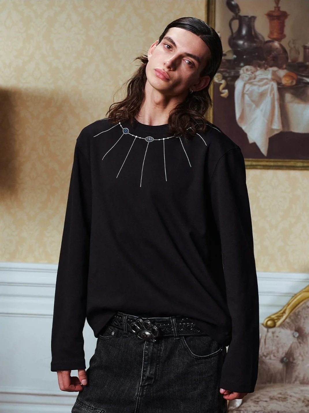 YADcrew | Rhinestone Necklace Crew Neck Long Sleeve T-Shirt