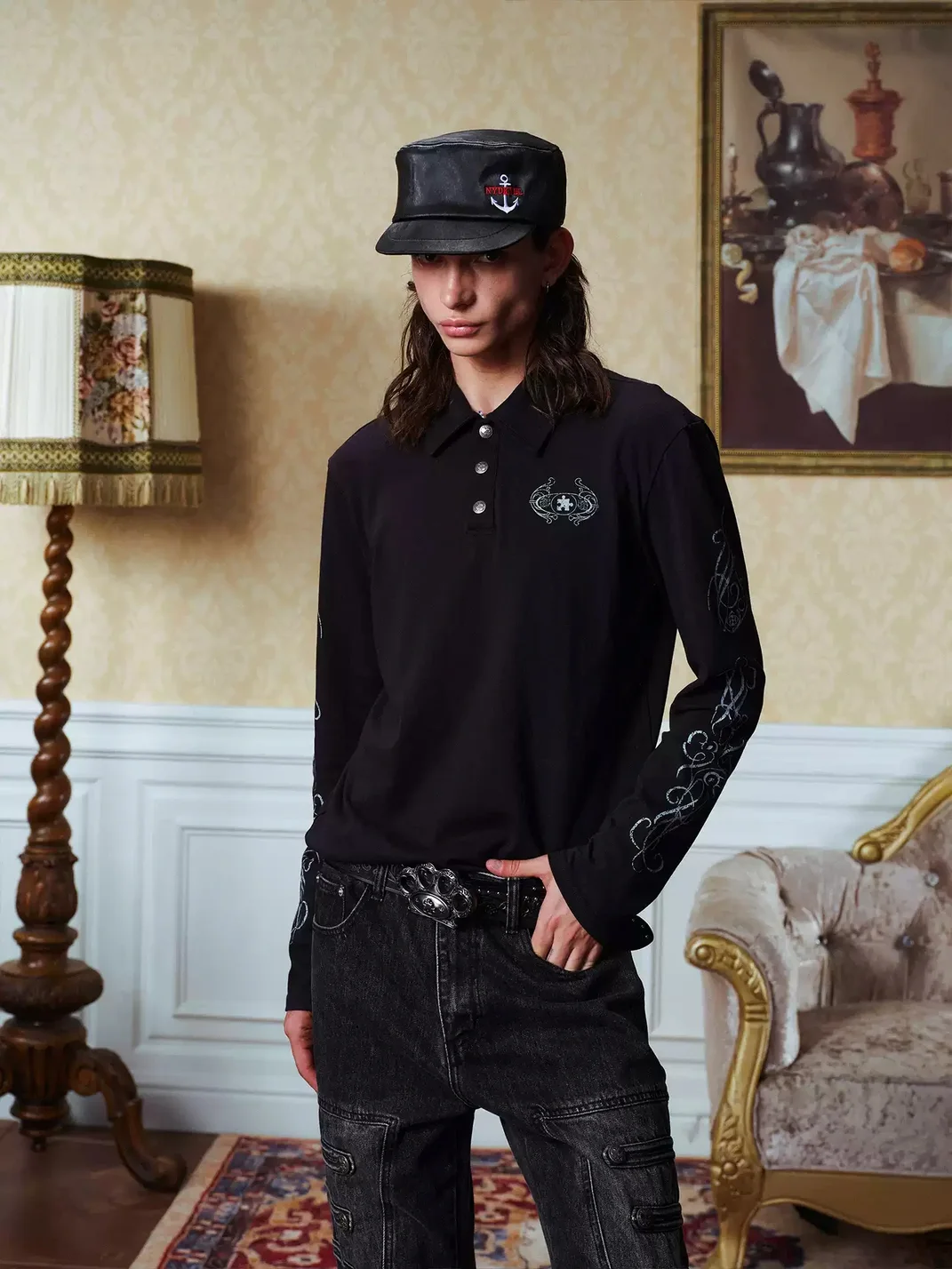 YADcrew | Detachable Leopard Collar Long Sleeve Polo Shirt