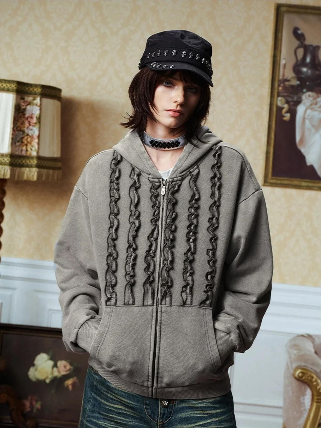 YADcrew | Washed Distressed Ruffle Zip-Up Hoodie