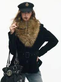 SereneEase | Vintage Fur Collar Belted Jacket