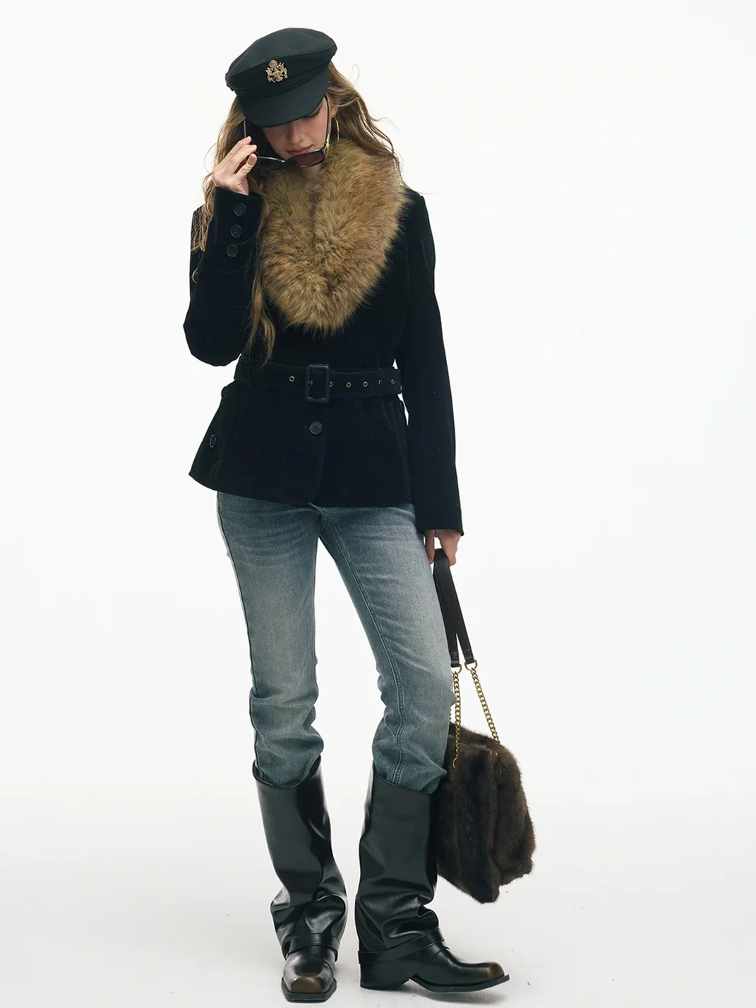 SereneEase | Vintage Fur Collar Belted Jacket