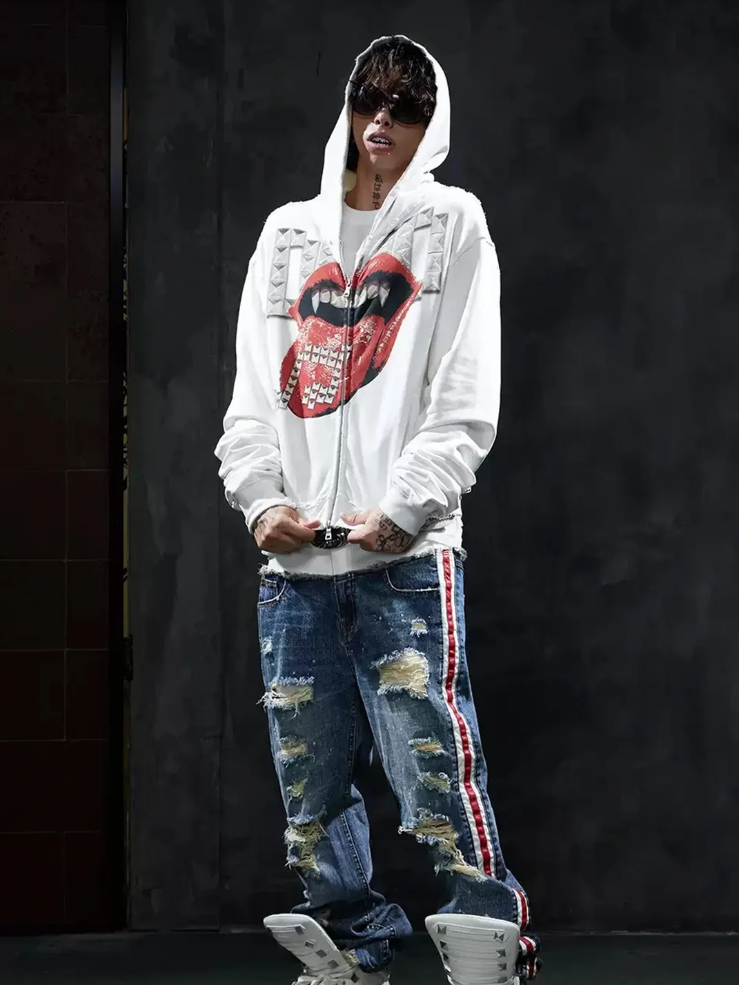 DND4DES | Oversized Studded Graphic Zip-Up Hoodie