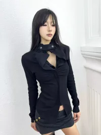 SOHATW | Black Ruched Cutout Fitted Cropped Jacket