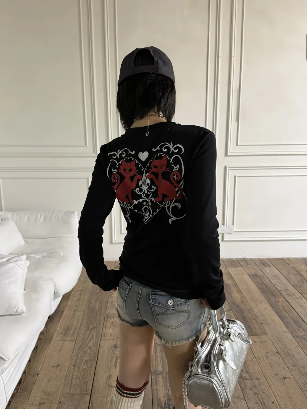 Gods plan | Cat Print Ruched V-Neck Long Sleeve Top