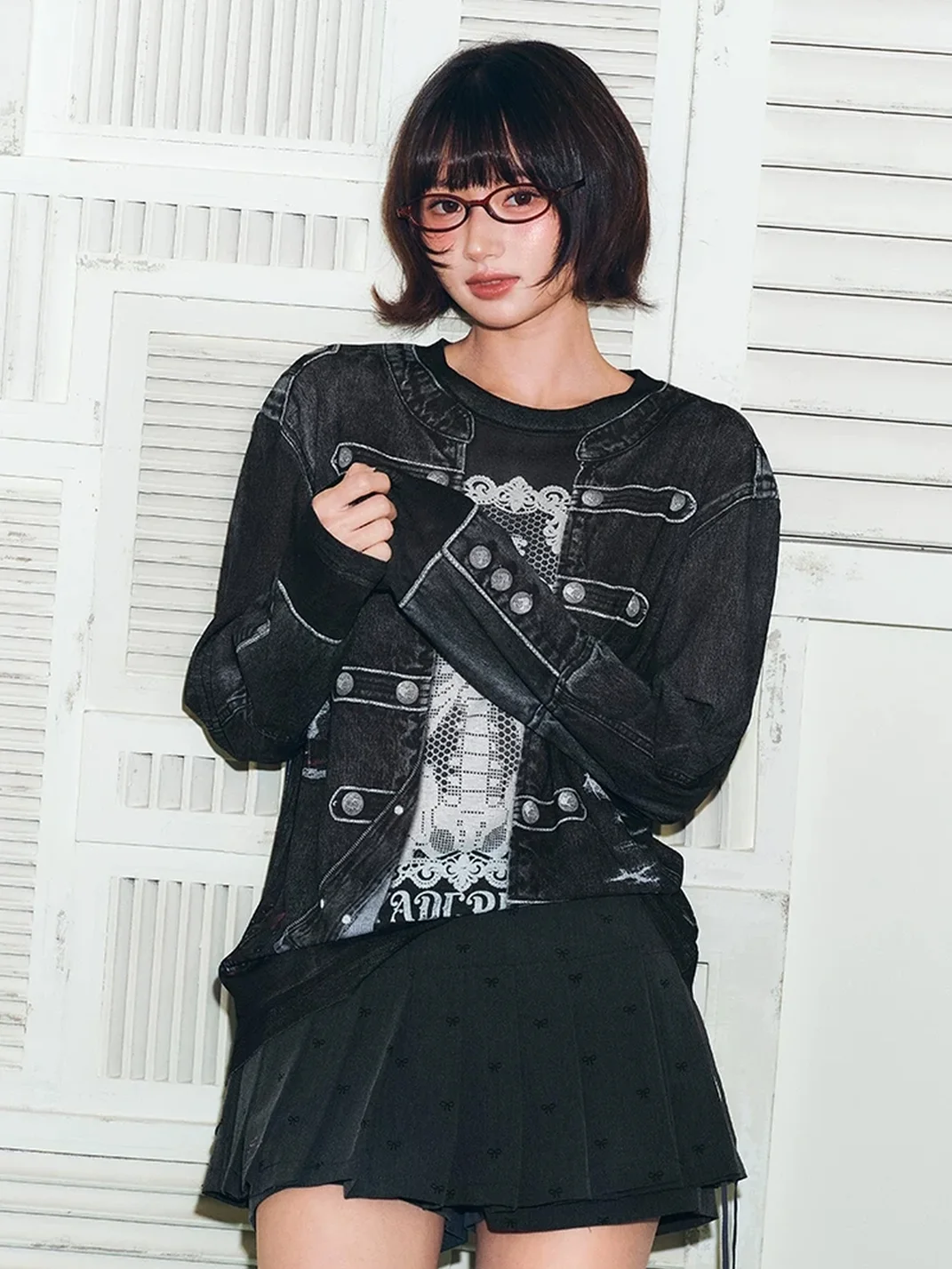 YADcrew | 3D Layered Napoleon Jacket Print Long Sleeve T-Shirt