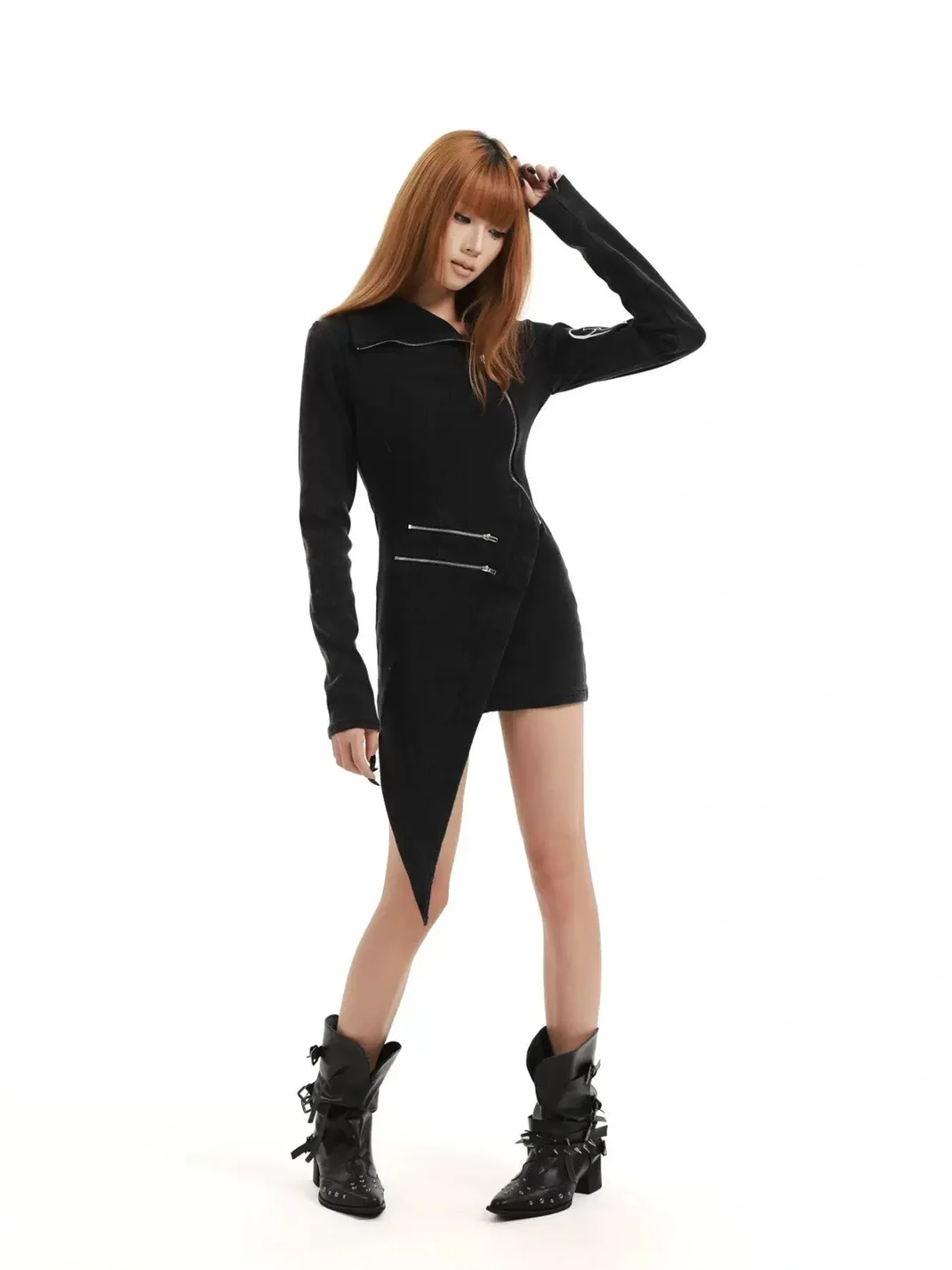 Gods plan | Asymmetrical Zipper Fitted Long Sleeve Mini Dress