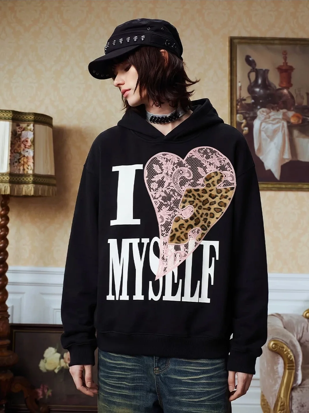 YADcrew | Relaxed Leopard Puzzle Heart Graphic Hoodie