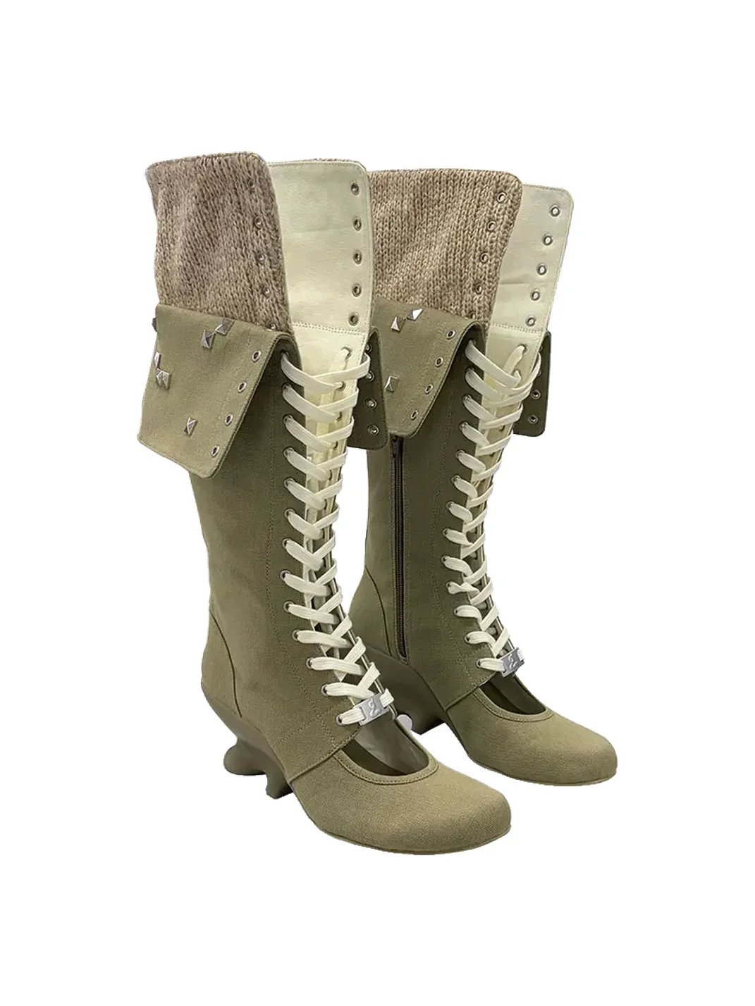 Grape online | Double-Layer Lace-Up Patchwork Fold-Over Boots