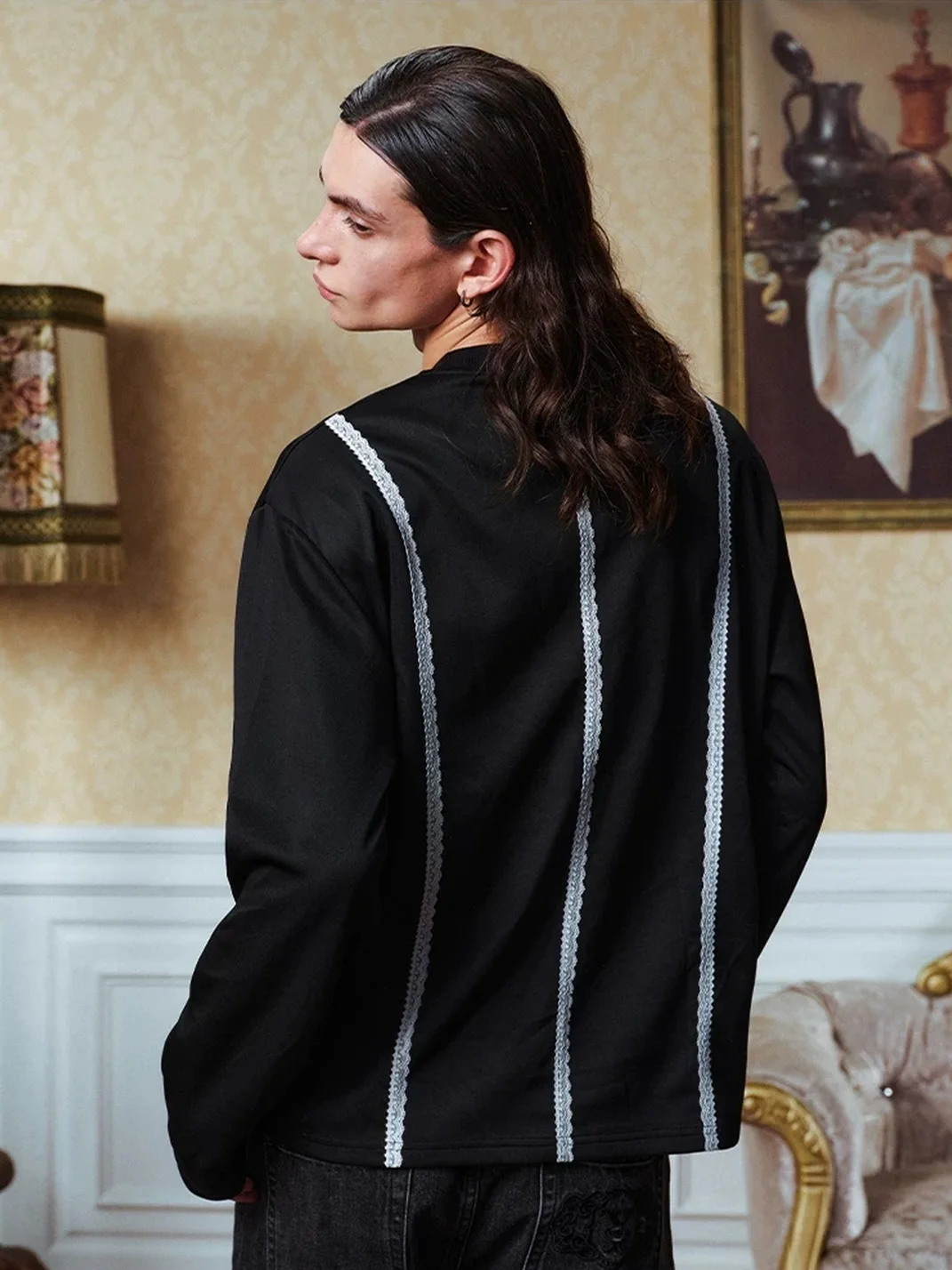 YADcrew | Unisex Lace Panel Embroidered Long Sleeve Top