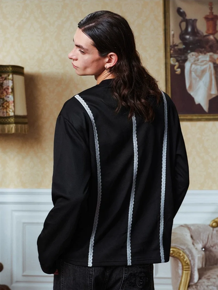 YADcrew | Unisex Lace Panel Embroidered Long Sleeve Top - 4