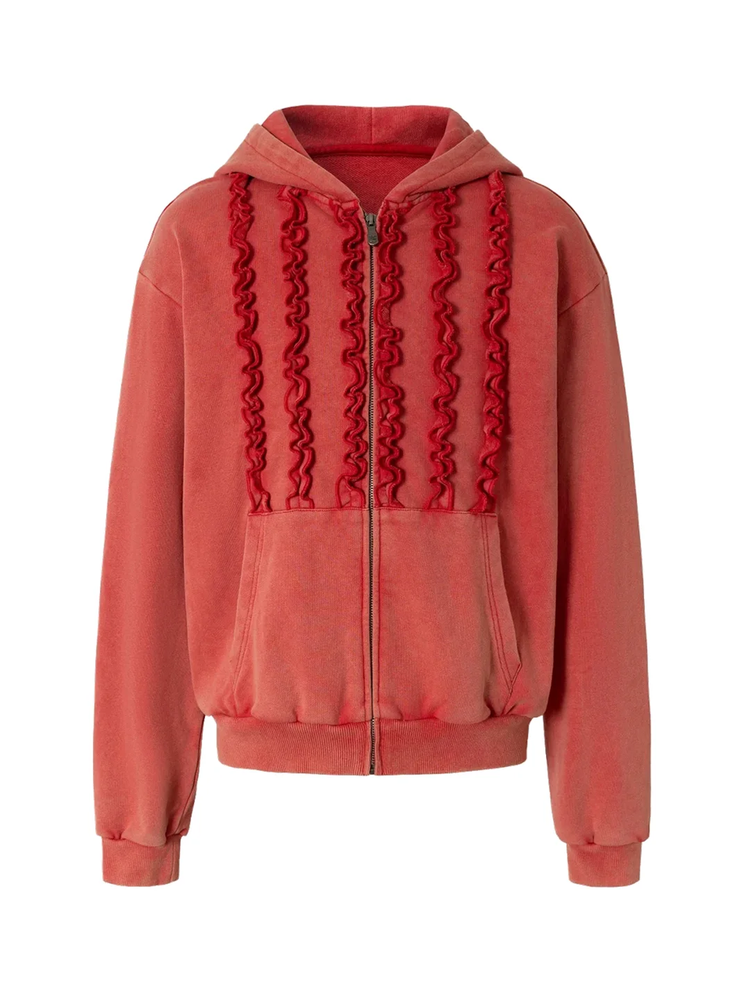 YADcrew | Washed Distressed Ruffle Zip-Up Hoodie