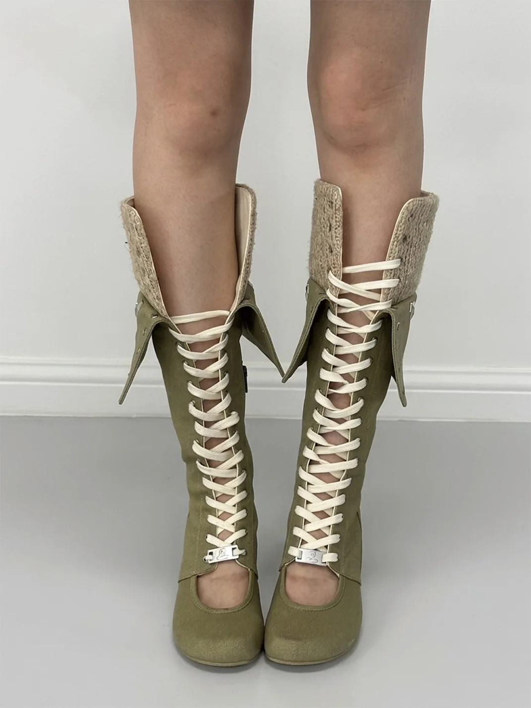 Grape online | Double-Layer Lace-Up Patchwork Fold-Over Boots