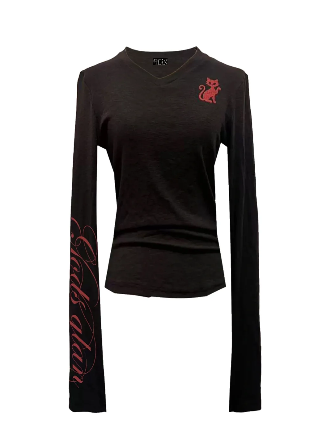 Gods plan | Cat Print Ruched V-Neck Long Sleeve Top