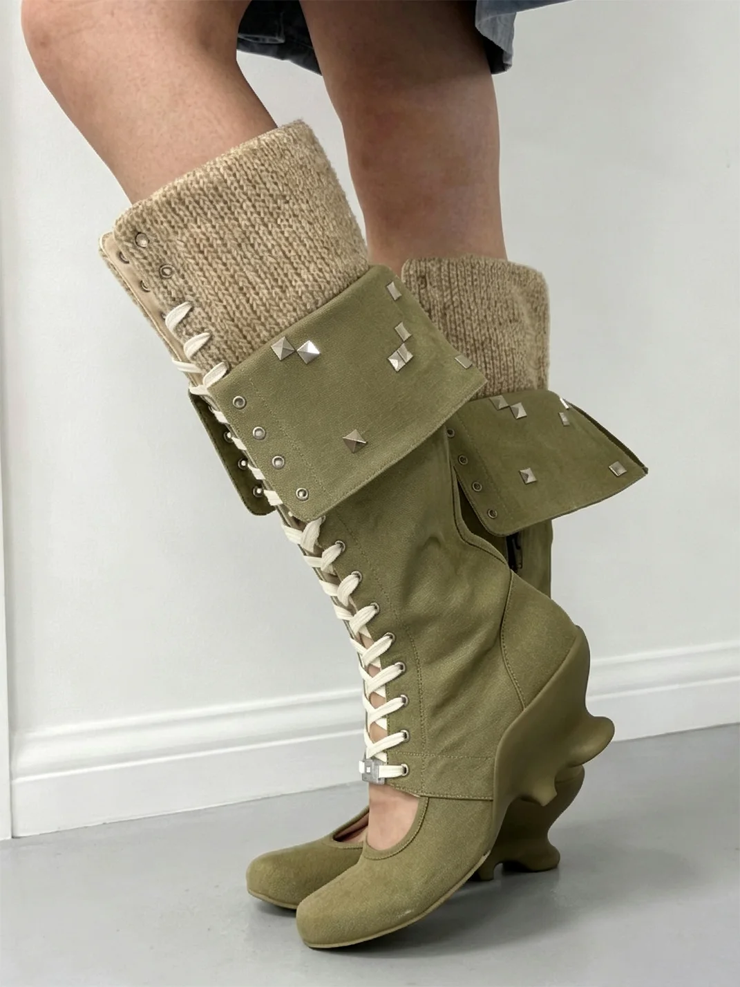 Grape online | Double-Layer Lace-Up Patchwork Fold-Over Boots
