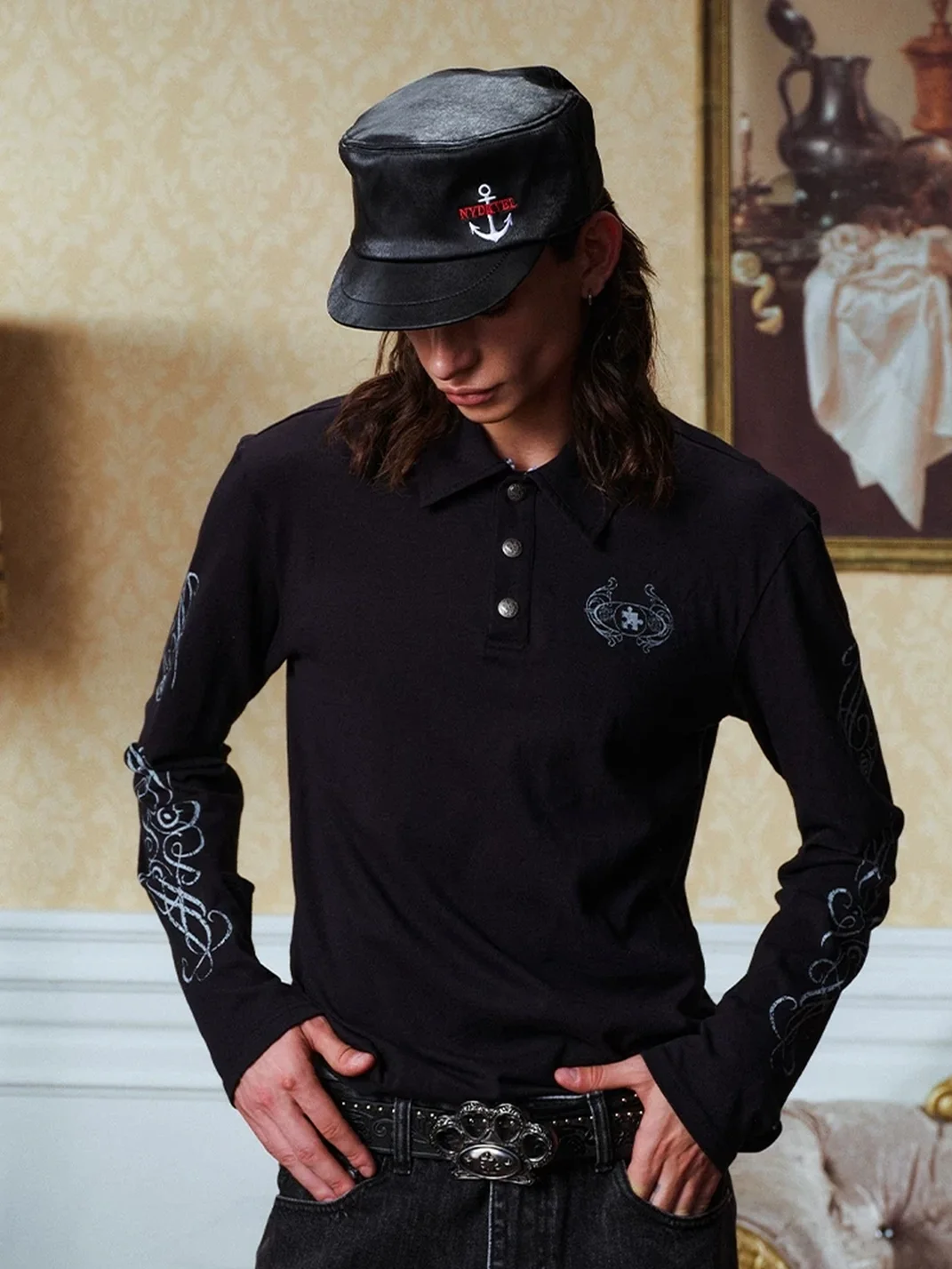 YADcrew | Detachable Leopard Collar Long Sleeve Polo Shirt