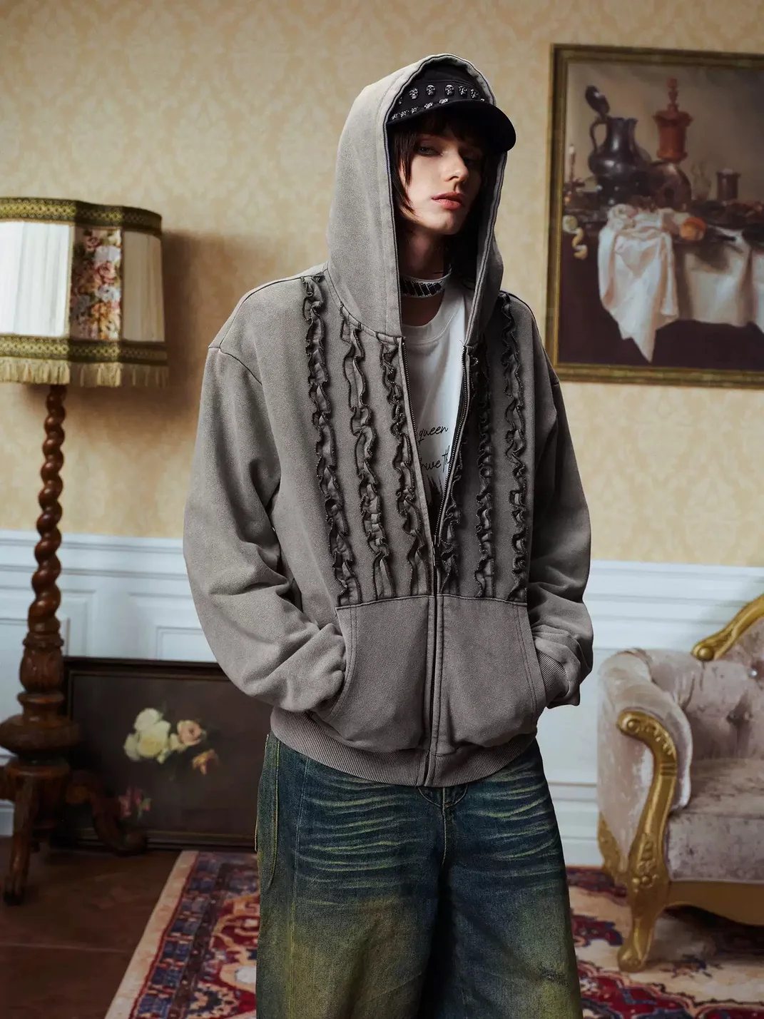 YADcrew | Washed Distressed Ruffle Zip-Up Hoodie