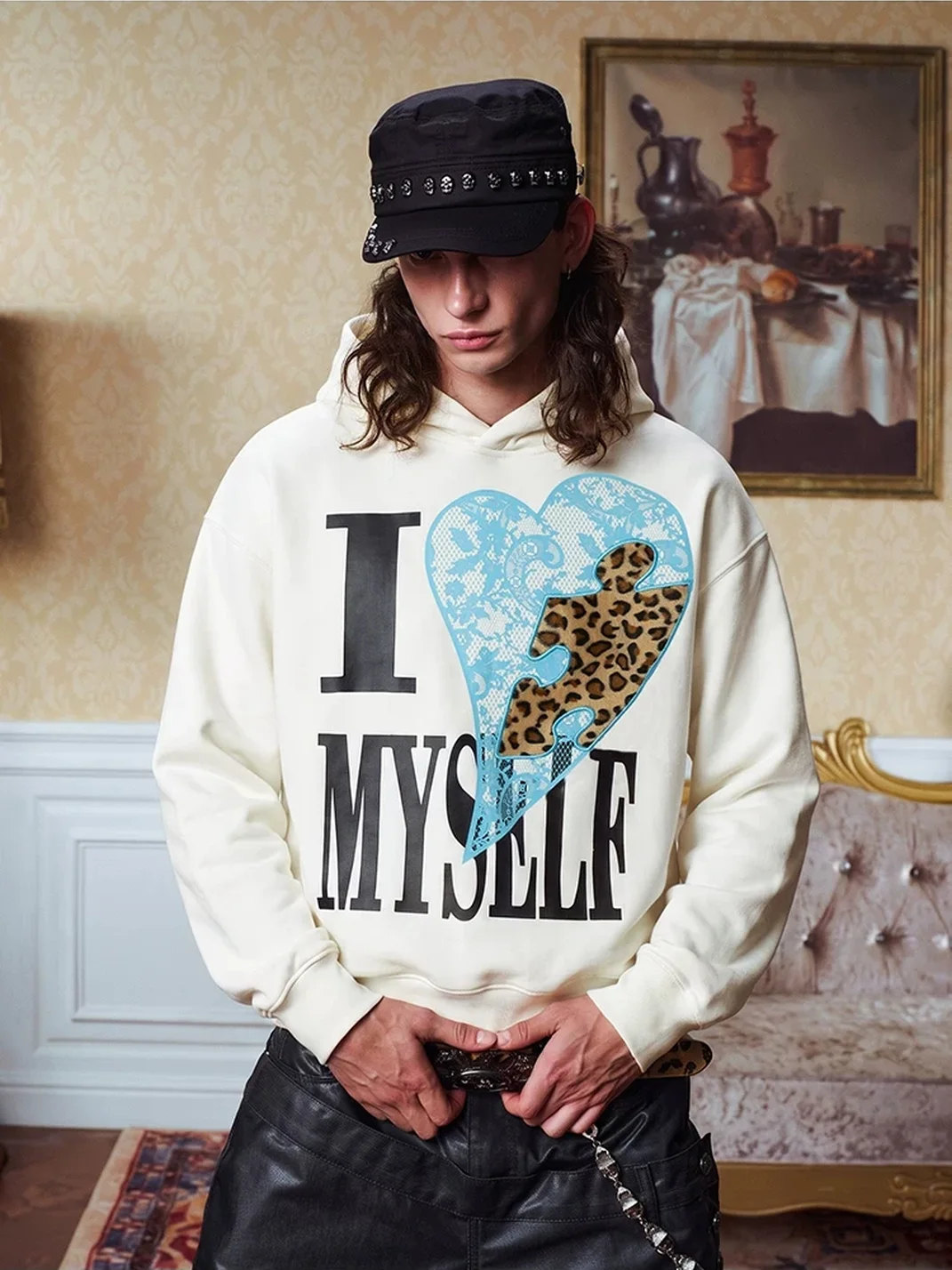 YADcrew | Relaxed Leopard Puzzle Heart Graphic Hoodie