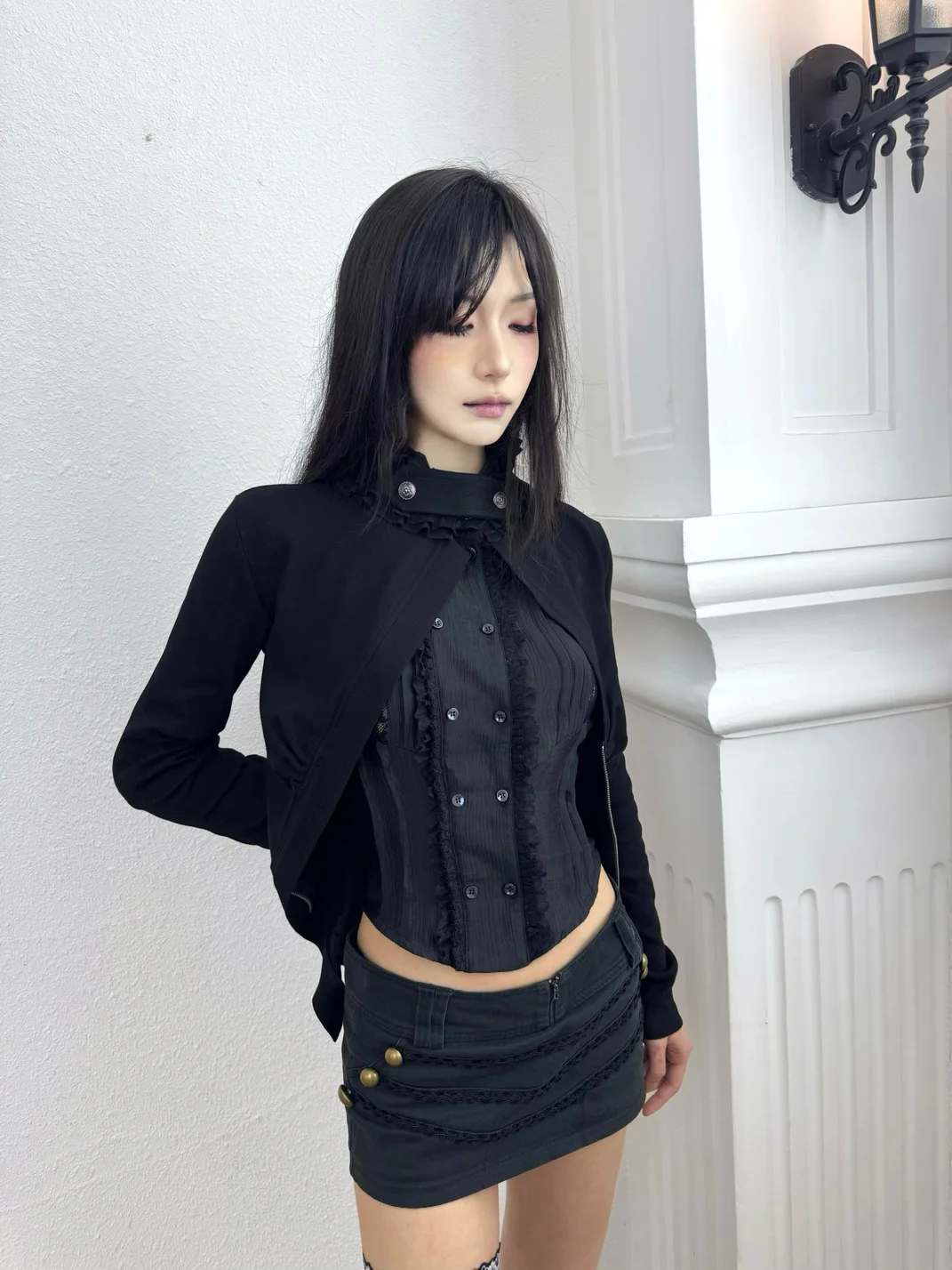 SOHATW | Black Ruched Cutout Fitted Cropped Jacket