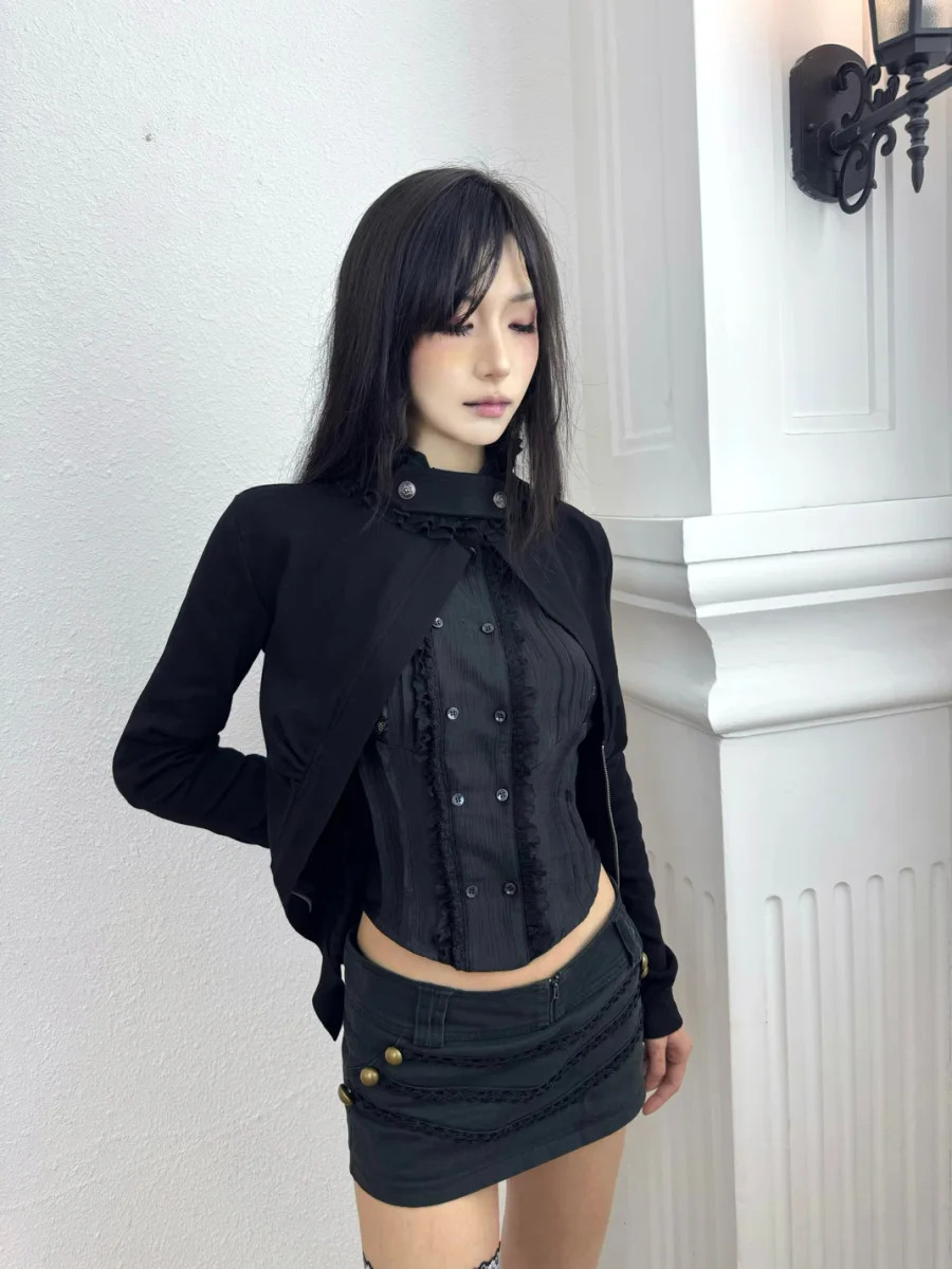 SOHATW | Black Ruched Cutout Fitted Cropped Jacket - 3
