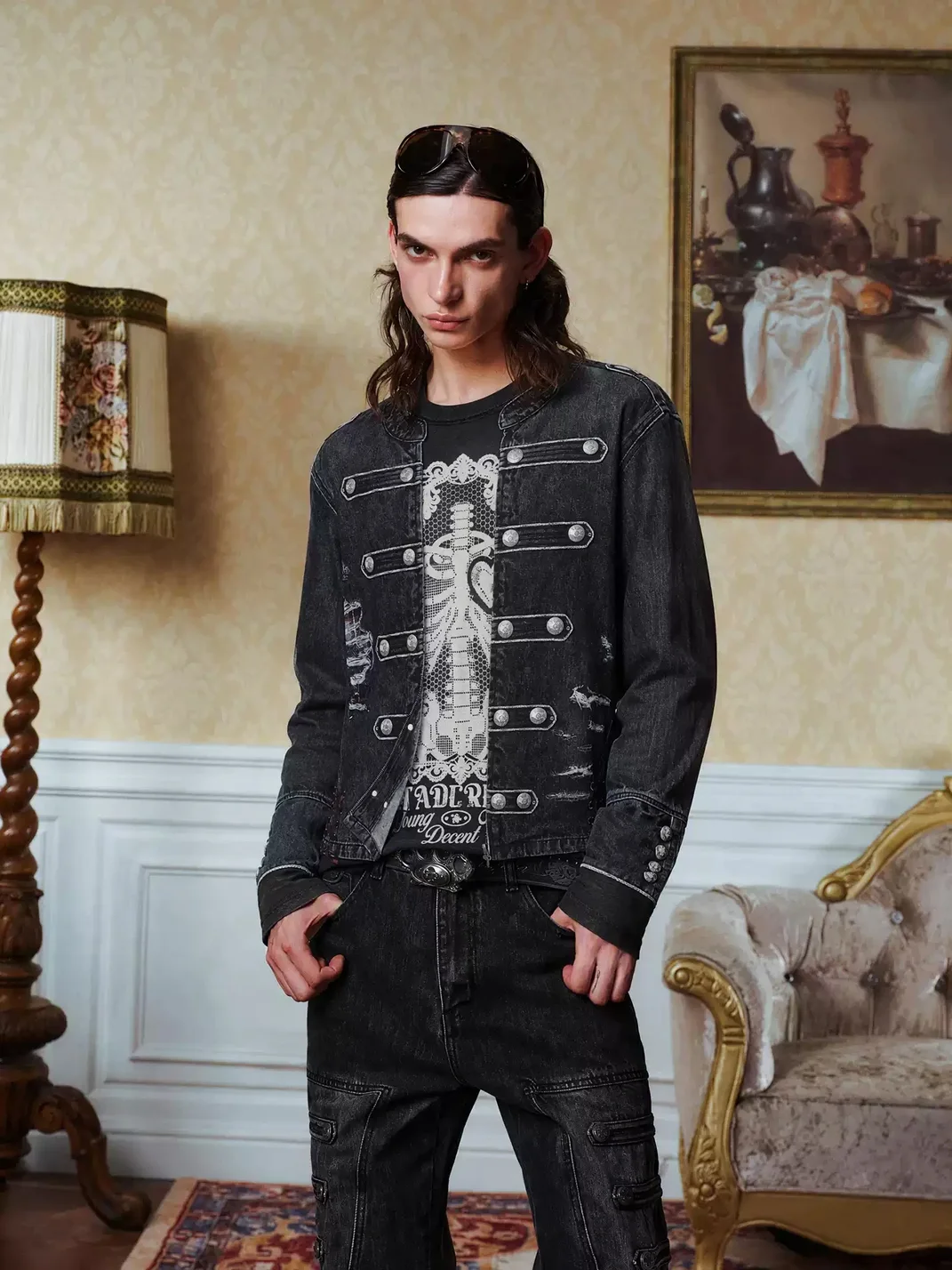 YADcrew | 3D Layered Napoleon Jacket Print Long Sleeve T-Shirt