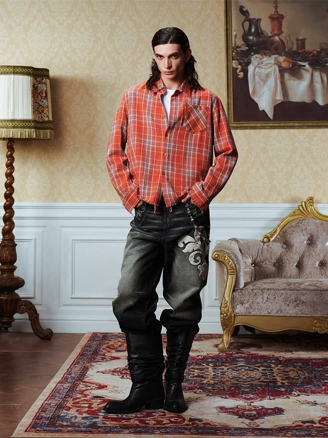 YADcrew | Distressed Fringed Rhinestone Embroidered Plaid Shirt