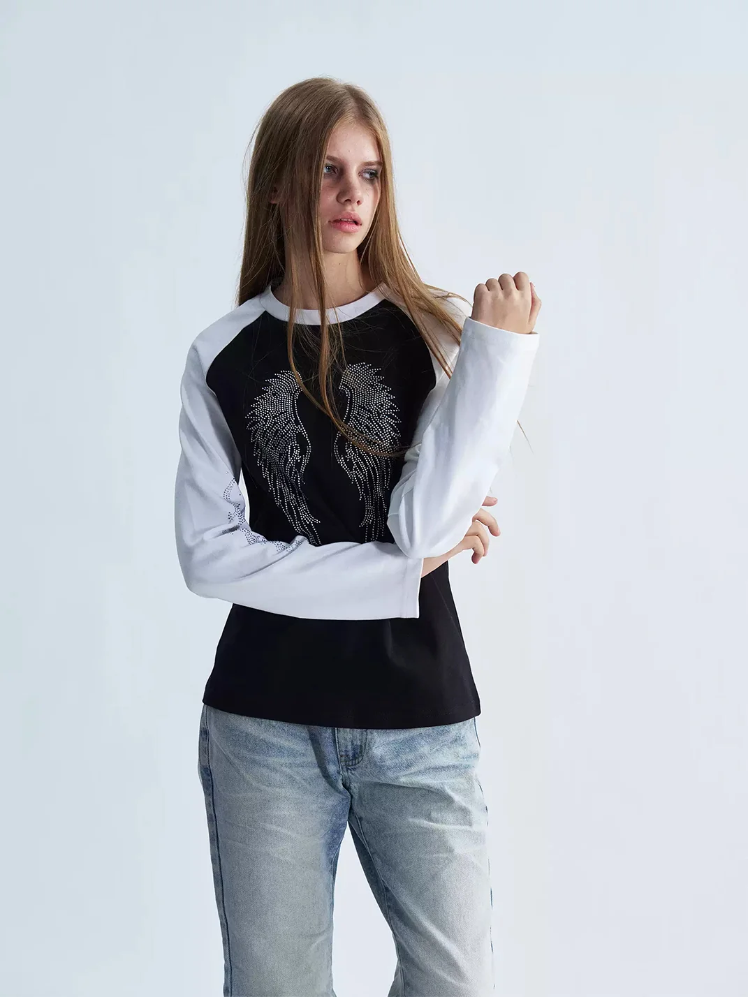 PAIKI | Rhinestone Wing Raglan Long Sleeve T-Shirt