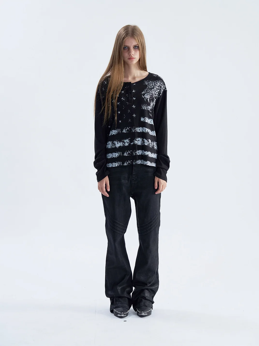 PAIKI | Retro Leopard Henley Long Sleeve Shirt