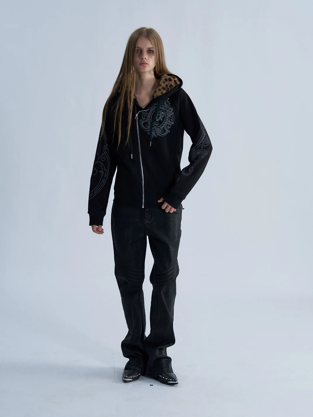PAIKI | Leopard Trim Rhinestone Graphic Zip Hoodie