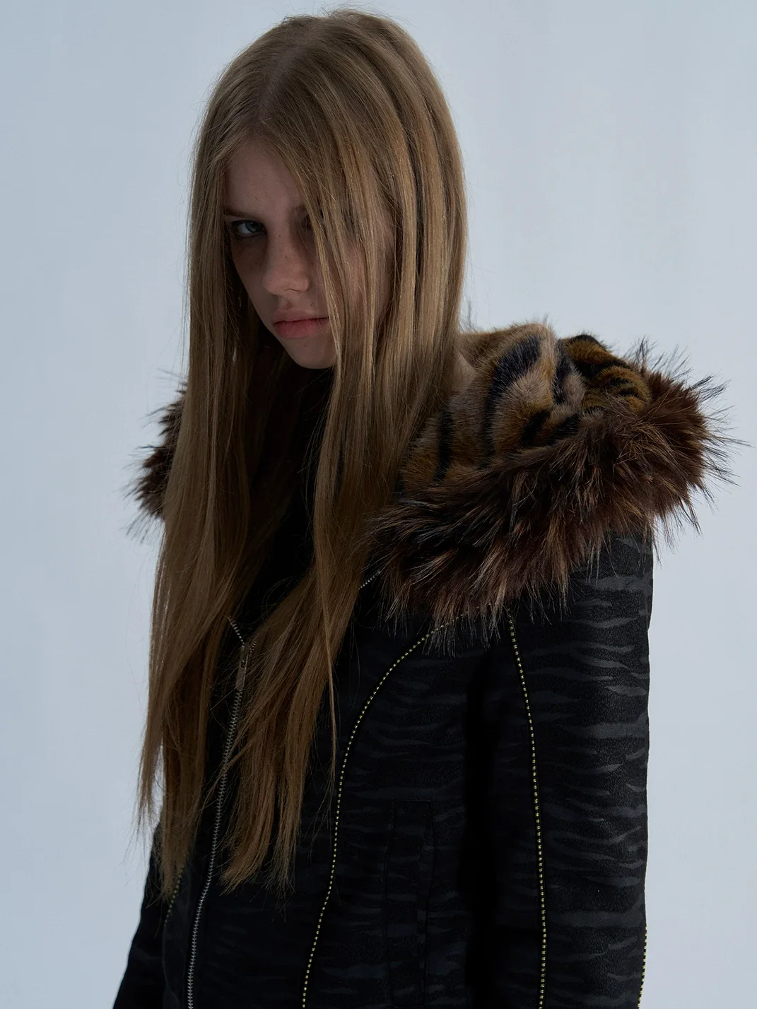 PAIKI | Tiger Pattern Hooded Fur Trimmed Puffer Jacket