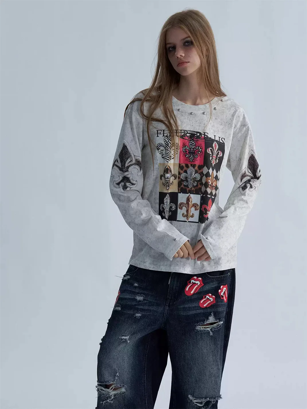 PAIKI | Distressed Fleur-De-Lis Checkerboard Long Sleeve Tee
